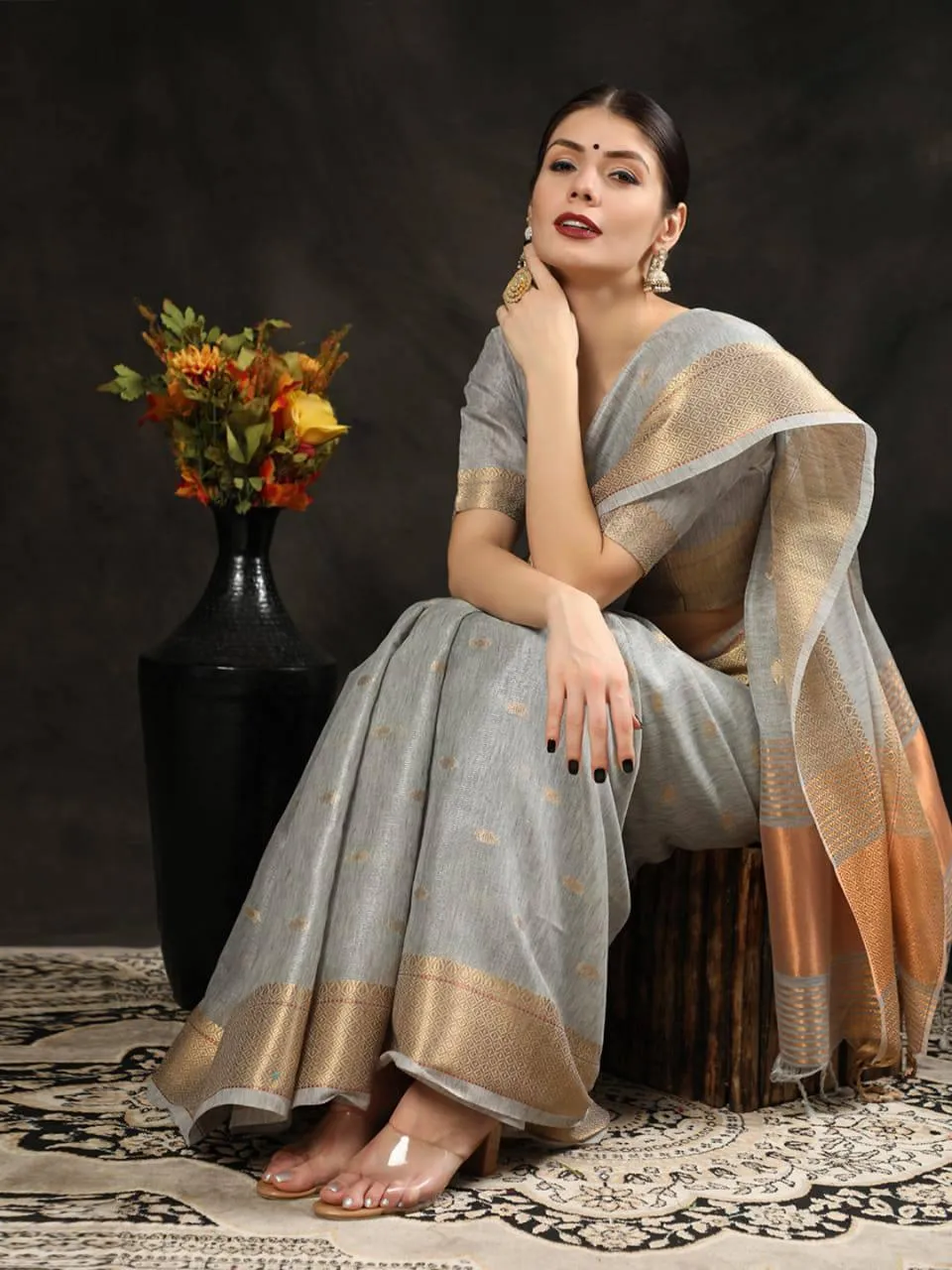 Grey Maheshwari Silk  Saree