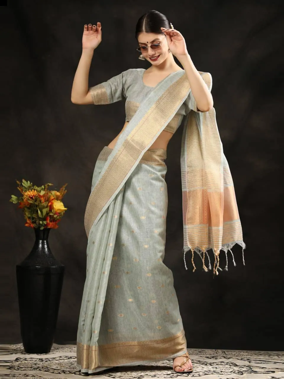 Grey Maheshwari Silk  Saree