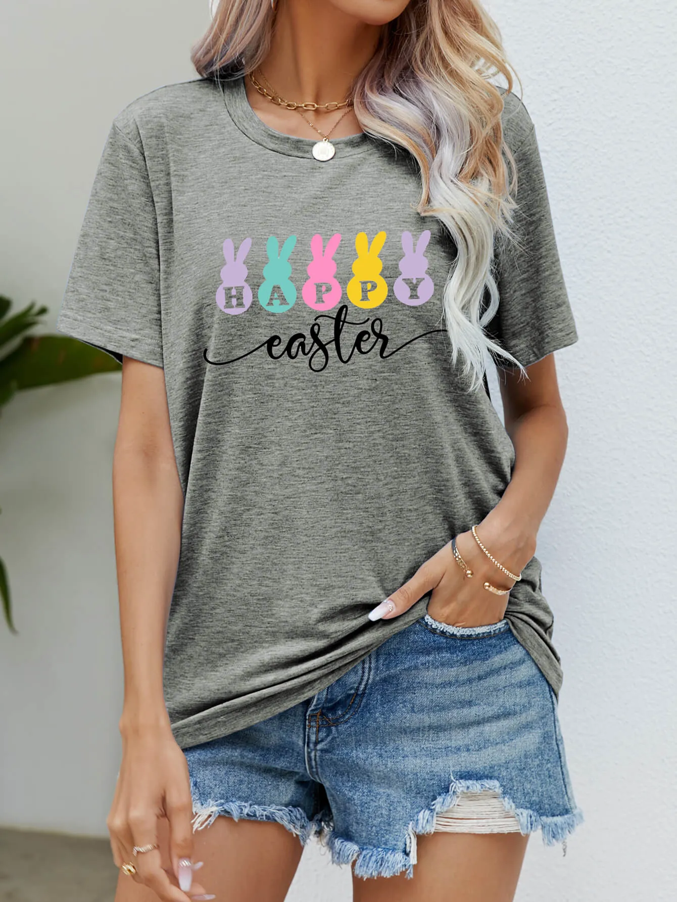 HAPPY EASTER Graphic Round Neck T-Shirt