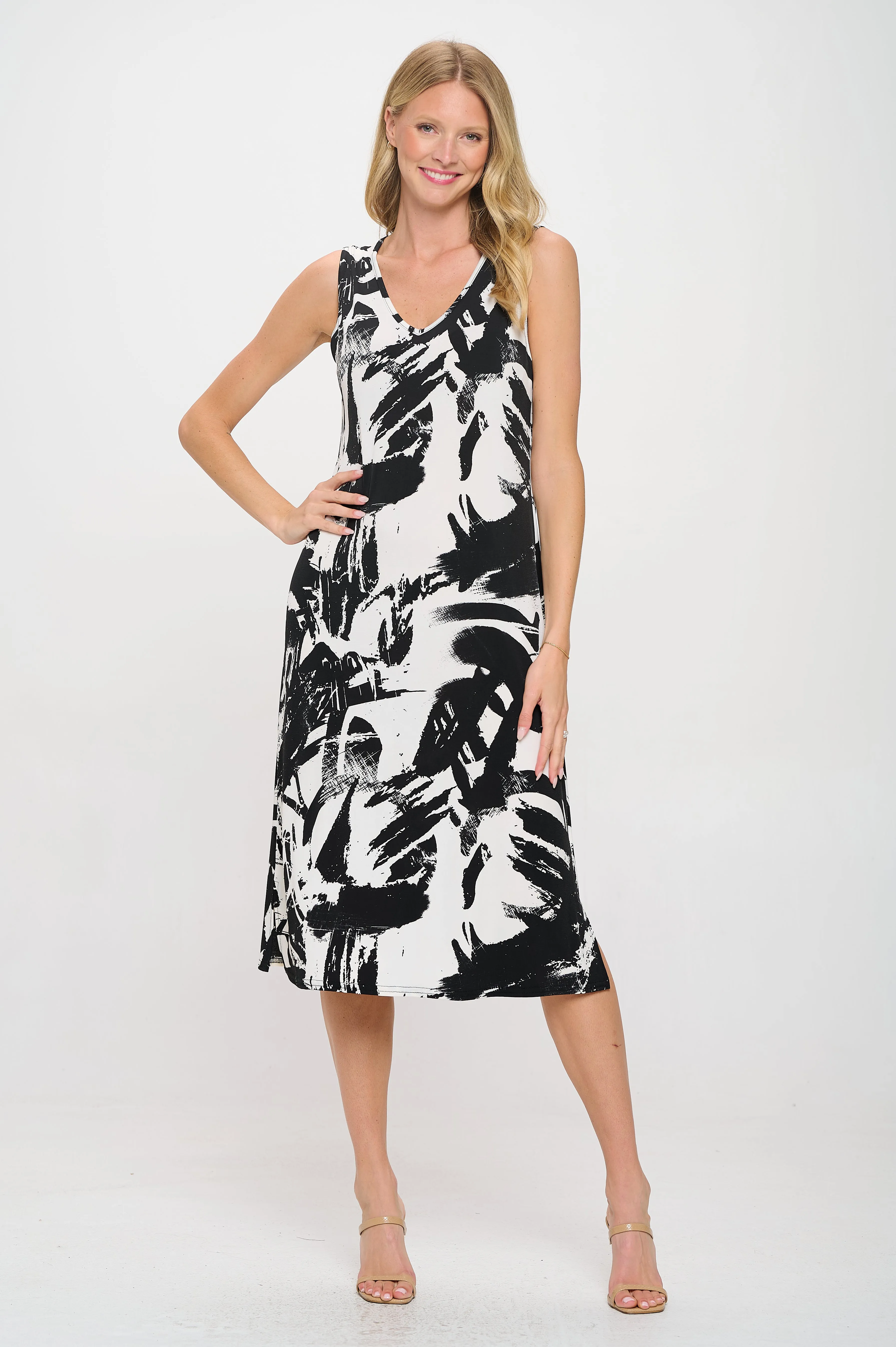 HIT V-Neck Midi Tank Dress with Side Slit-7080HT-TRP1-W403