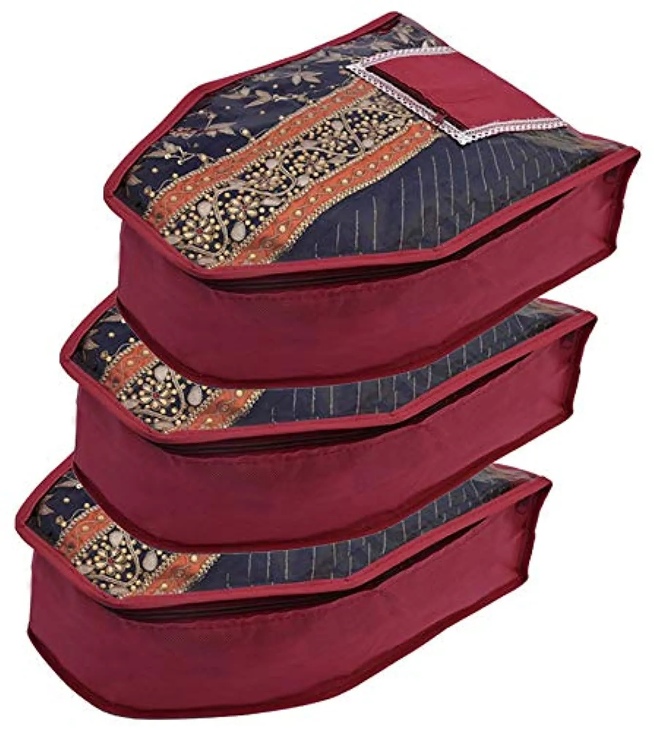 Kuber Industries 3 Piece Non Woven Blouse Cover with Front Transparent Window with Attached Pocket Set (Maroon)