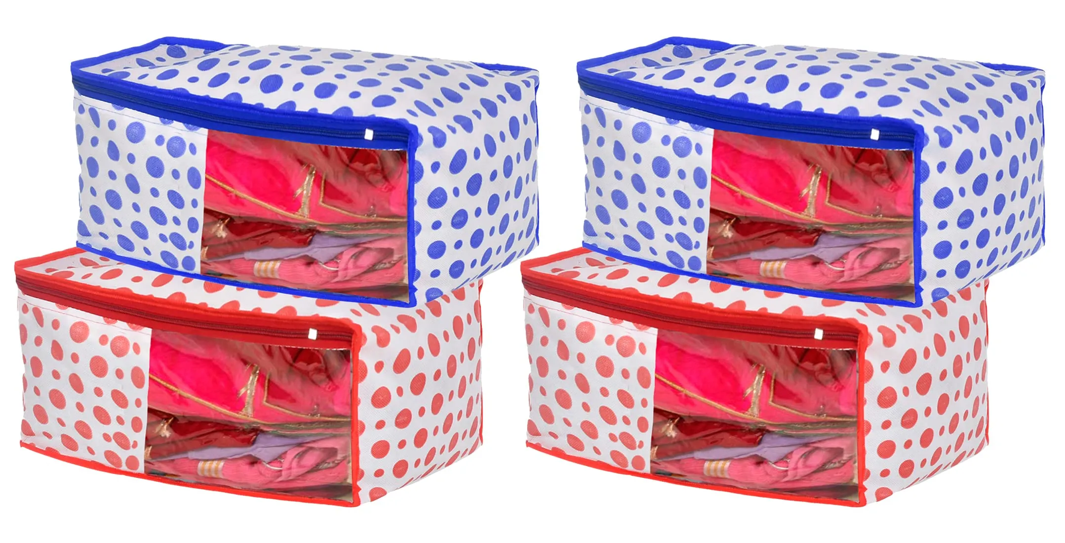 Kuber Industries Dot Printed Foldable, Lightweight Non-Woven Blouse Cover/Organizer With Tranasparent Window- Pack of 4 (Blue & Pink)-46KM0313