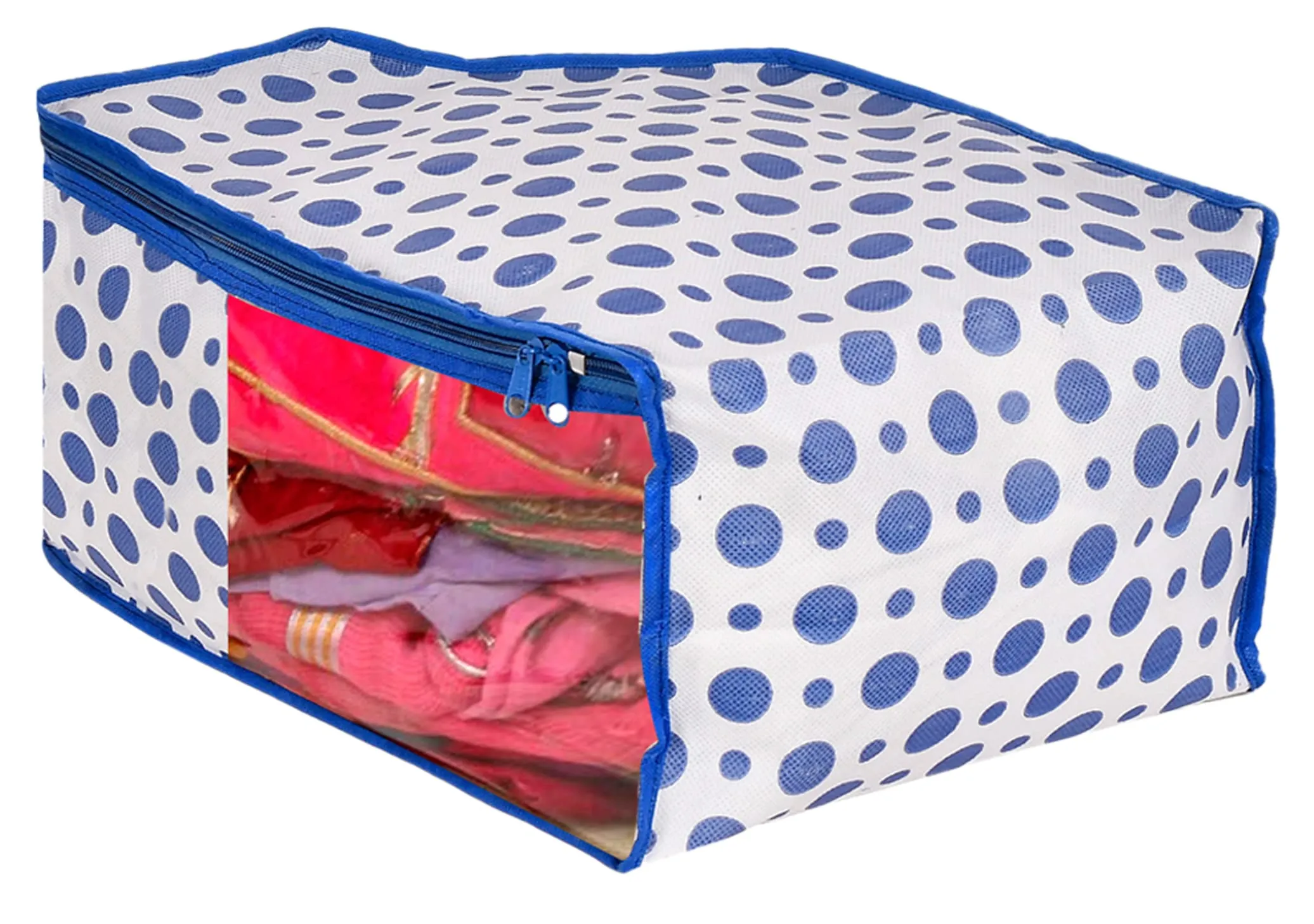 Kuber Industries Dot Printed Foldable, Lightweight Non-Woven Blouse Cover/Organizer With Tranasparent Window- Pack of 4 (Blue & Pink)-46KM0313