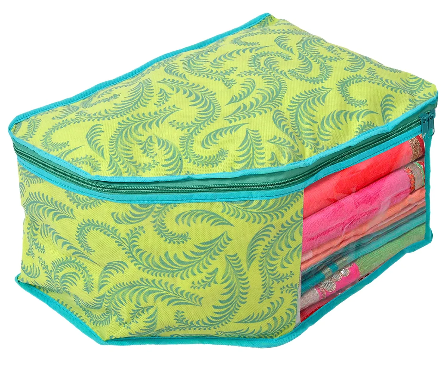 Kuber Industries Leaf Printed Non-Woven Blouse Cover Wardrobe Organiser|Metalic Leaf Print & Front Window|Zipper closure|Size 38 x 26 x 20 CM|Pack of 3 (Green)-44KM0529