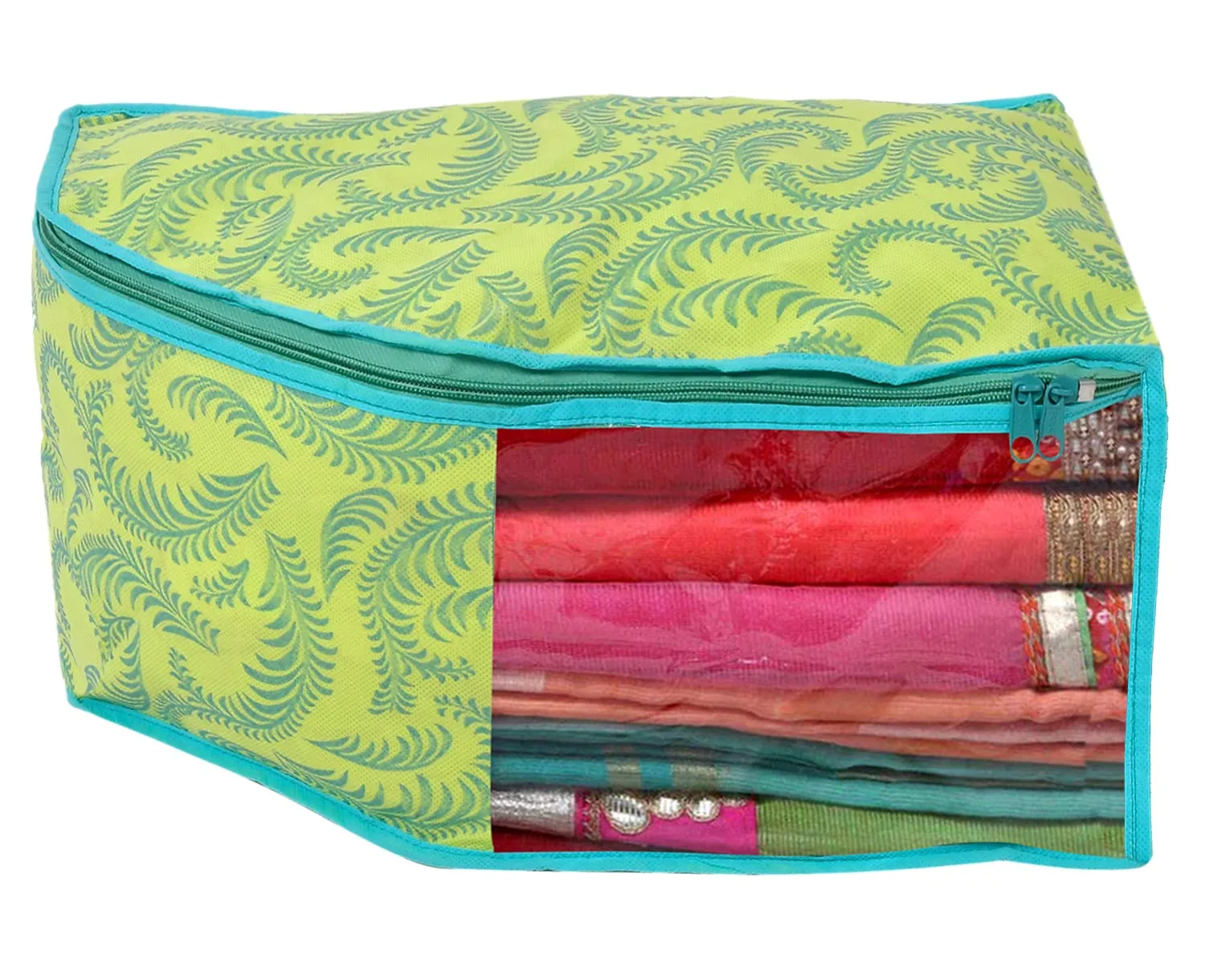 Kuber Industries Leaf Printed Non-Woven Blouse Cover Wardrobe Organiser|Metalic Leaf Print & Front Window|Zipper closure|Size 38 x 26 x 20 CM|Pack of 3 (Green)-44KM0529