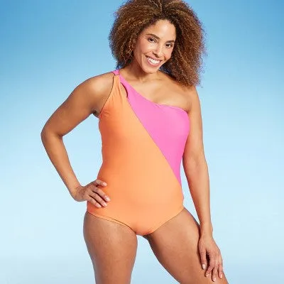 Lands' End Women's One Piece Swimwear Tummy Control One Shoulder Swimsuit UPF 50