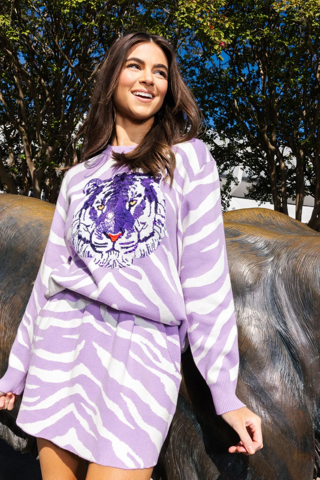 Lavender & White Tiger Head Long Sleeve Sweater- Women's