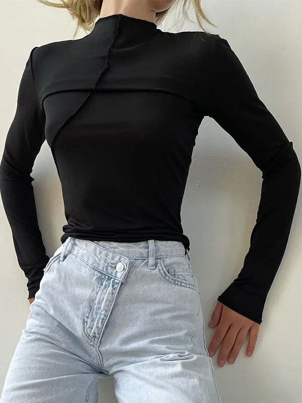 Long Sleeves Skinny Asymmetric Solid Color Mock Neck T-Shirts Tops