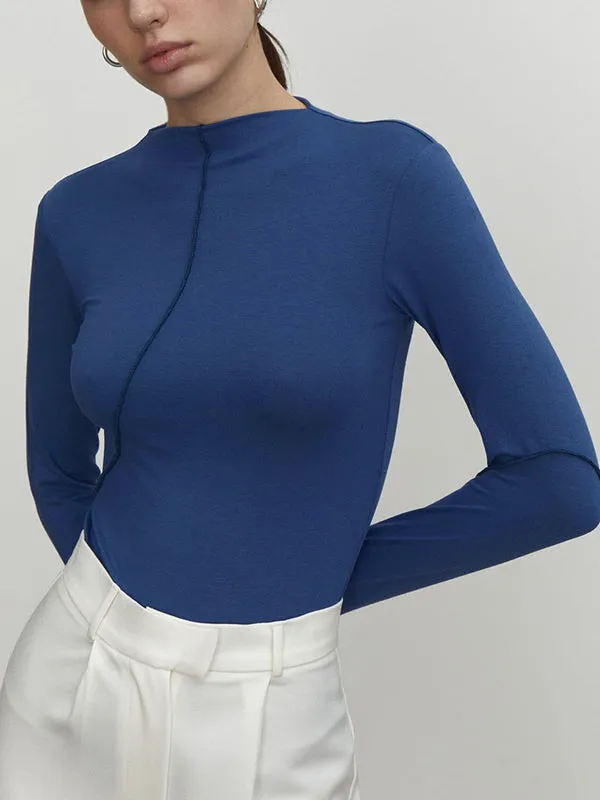 Long Sleeves Skinny Asymmetric Solid Color Mock Neck T-Shirts Tops