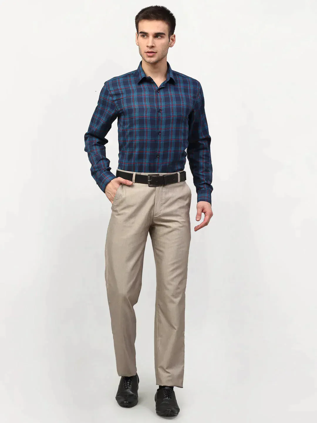 Men's Blue Checked Formal Shirts - Taantav