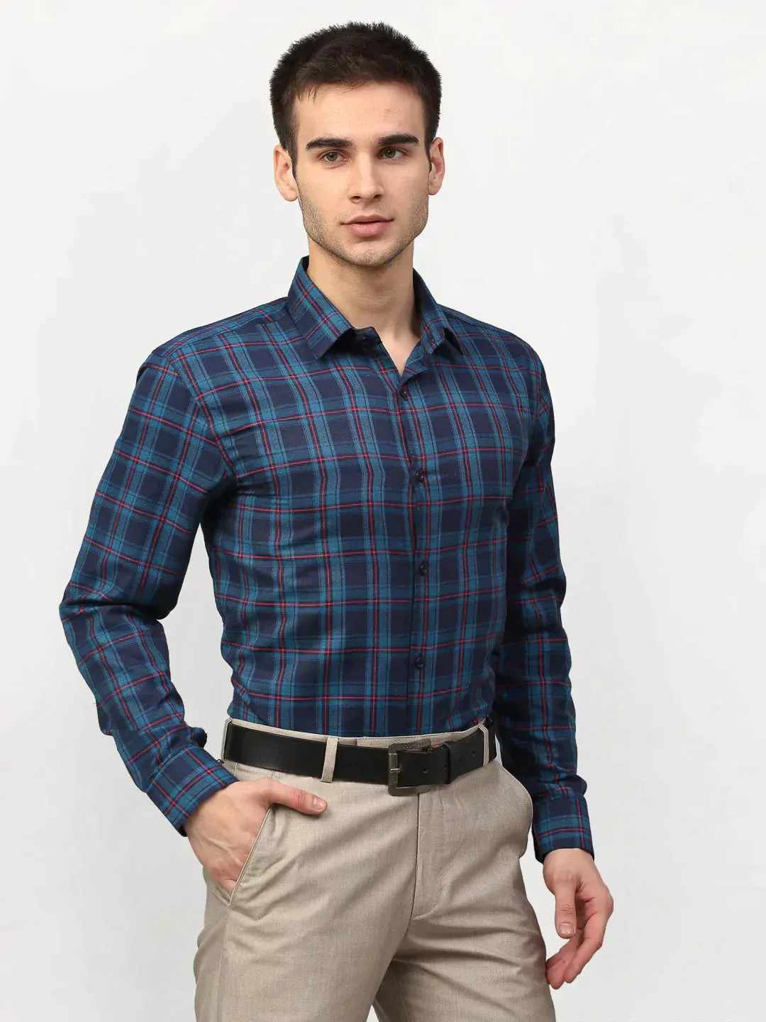 Men's Blue Checked Formal Shirts - Taantav