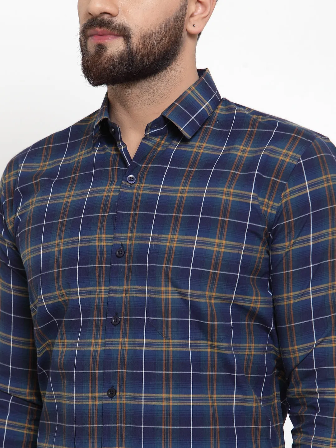 Men's Blue Cotton Checked Formal Shirts ( SF 741Royal-Blue ) - Jainish