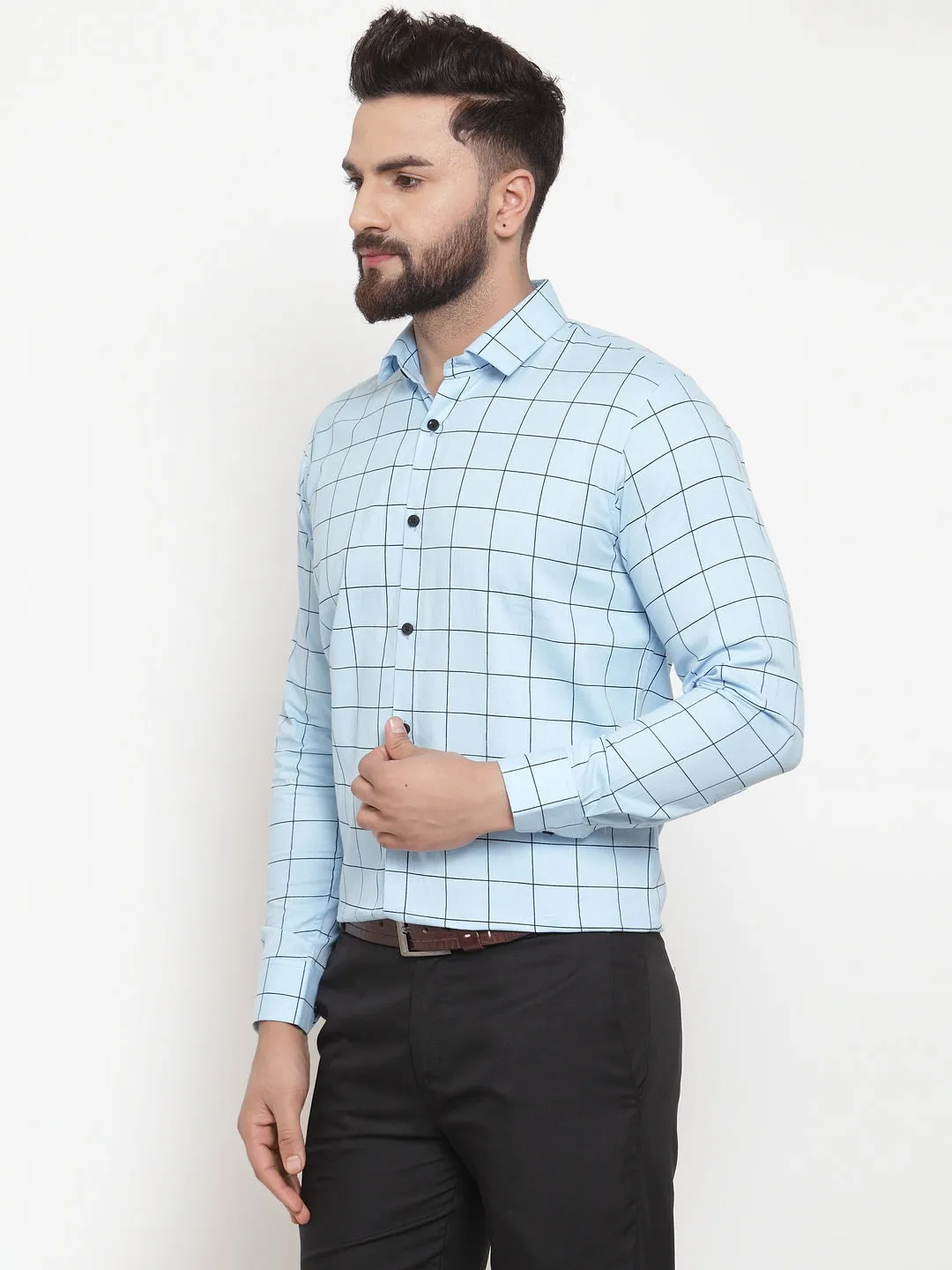 Men's Blue Cotton Checked Formal Shirts ( SF 742Sky ) - Jainish