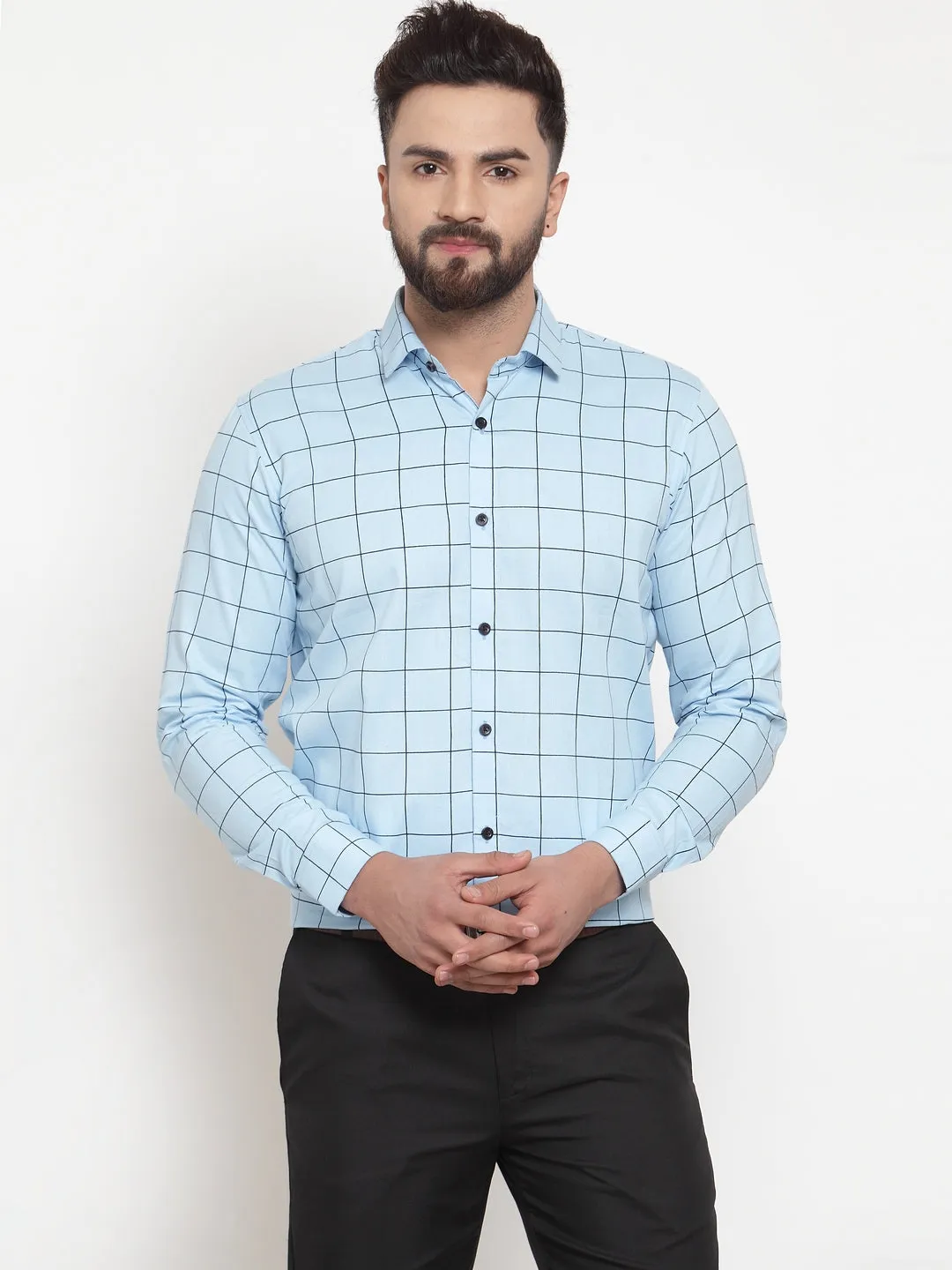 Men's Blue Cotton Checked Formal Shirts ( SF 742Sky ) - Jainish