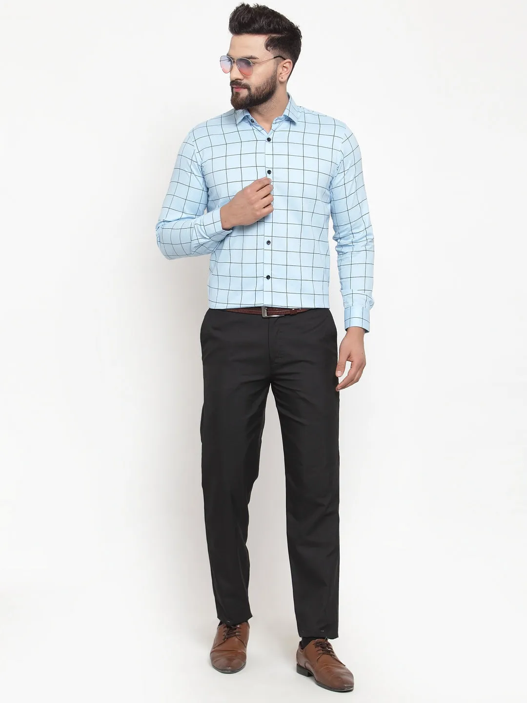 Men's Blue Cotton Checked Formal Shirts ( SF 742Sky ) - Jainish