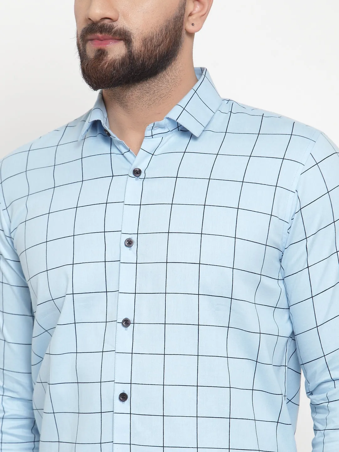 Men's Blue Cotton Checked Formal Shirts ( SF 742Sky ) - Jainish