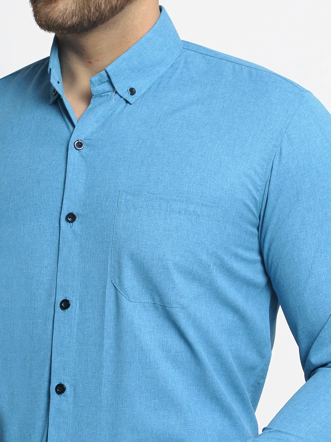 Men's Blue Cotton Solid Button Down Formal Shirts ( SF 734Sky ) - Jainish