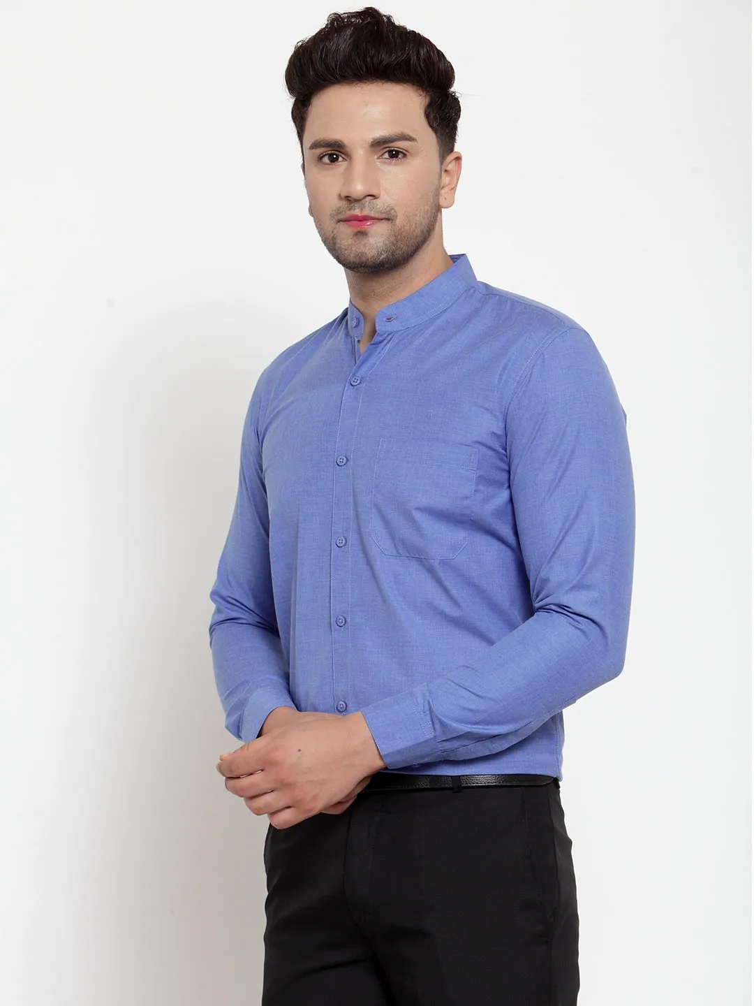 Men's Blue Cotton Solid Mandarin Collar Formal Shirts ( SF 757Blue ) - Jainish