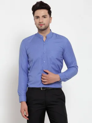 Men's Blue Cotton Solid Mandarin Collar Formal Shirts ( SF 757Blue ) - Jainish