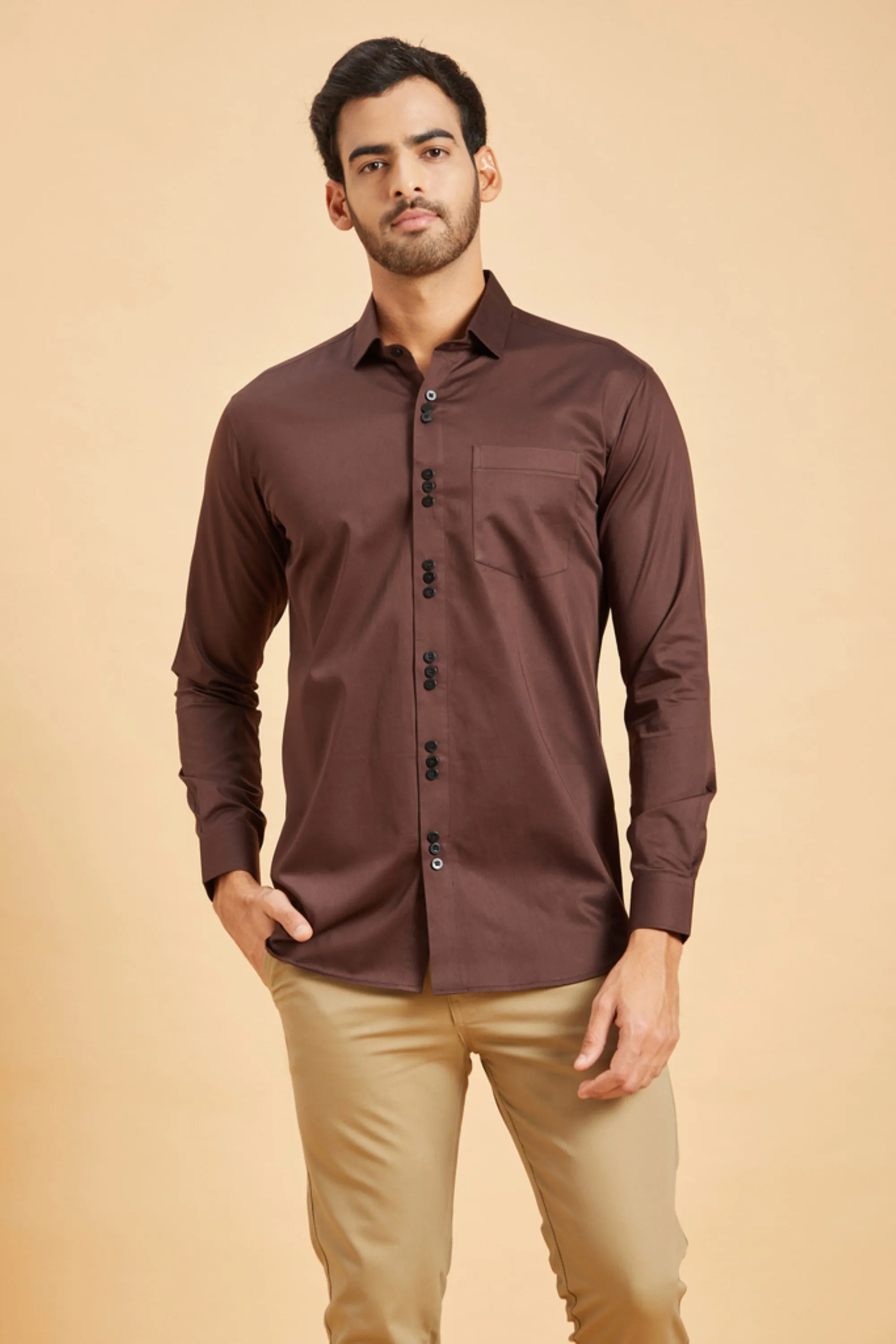 Men's Brown Color Browned Pattern Shirt Full Sleeves Casual Shirt - Hilo Design