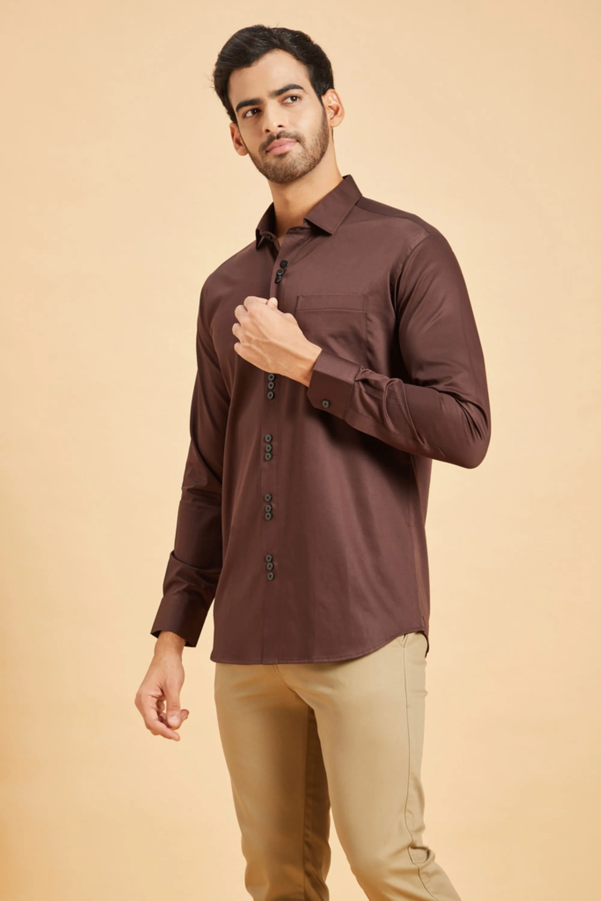 Men's Brown Color Browned Pattern Shirt Full Sleeves Casual Shirt - Hilo Design