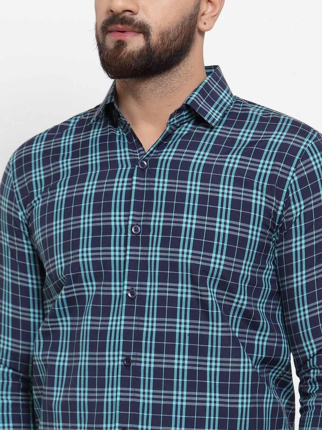 Men's Green Cotton Checked Formal Shirts ( SF 741Green ) - Jainish