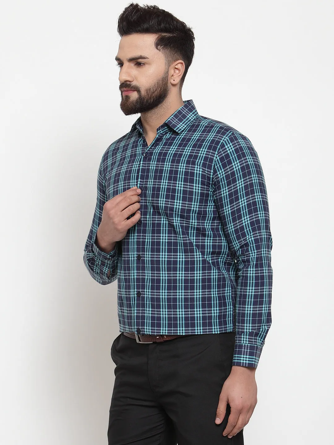 Men's Green Cotton Checked Formal Shirts ( SF 741Green ) - Jainish