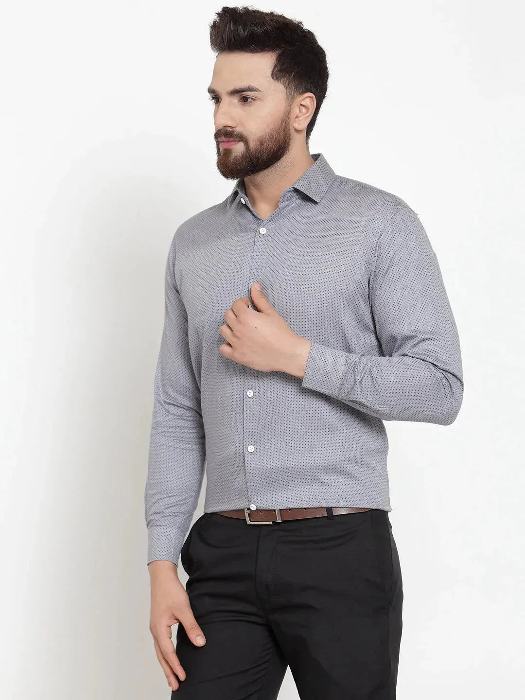 Men's Grey Cotton Polka Dots Formal Shirts - Taantav