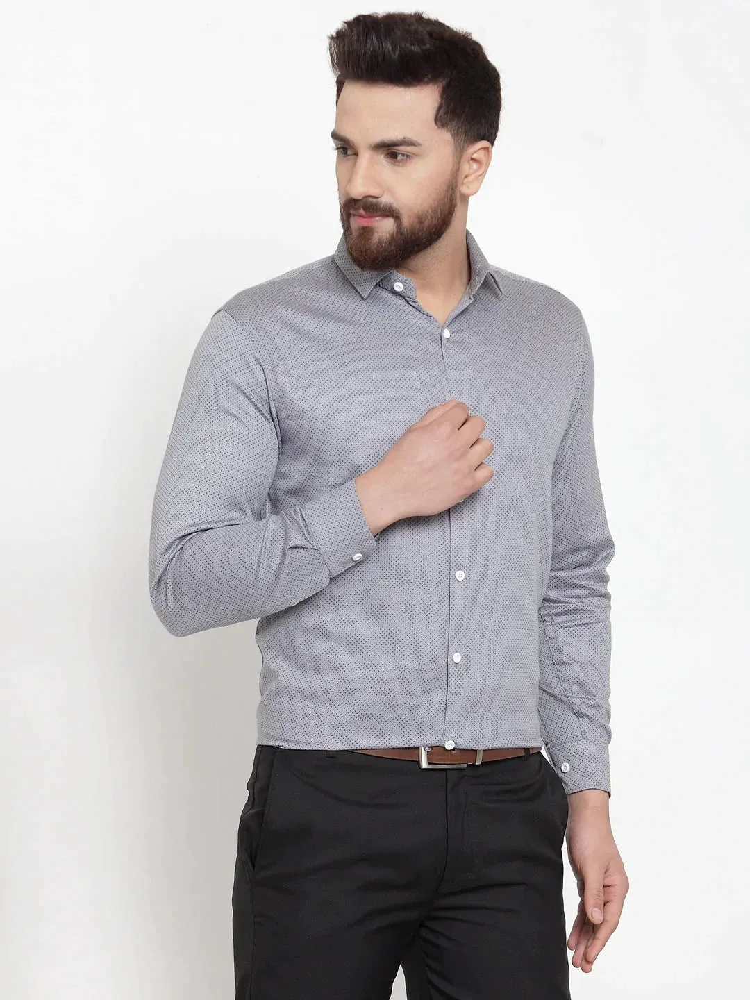 Men's Grey Cotton Polka Dots Formal Shirts - Taantav