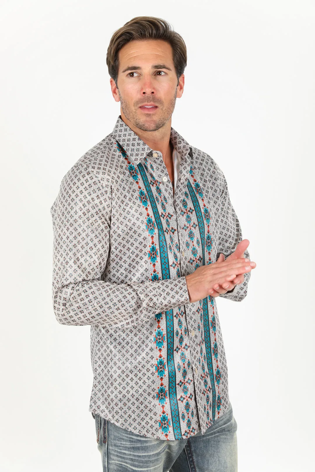 Mens Modern Fit Stretch Aztec Foiled Shirt - Beige