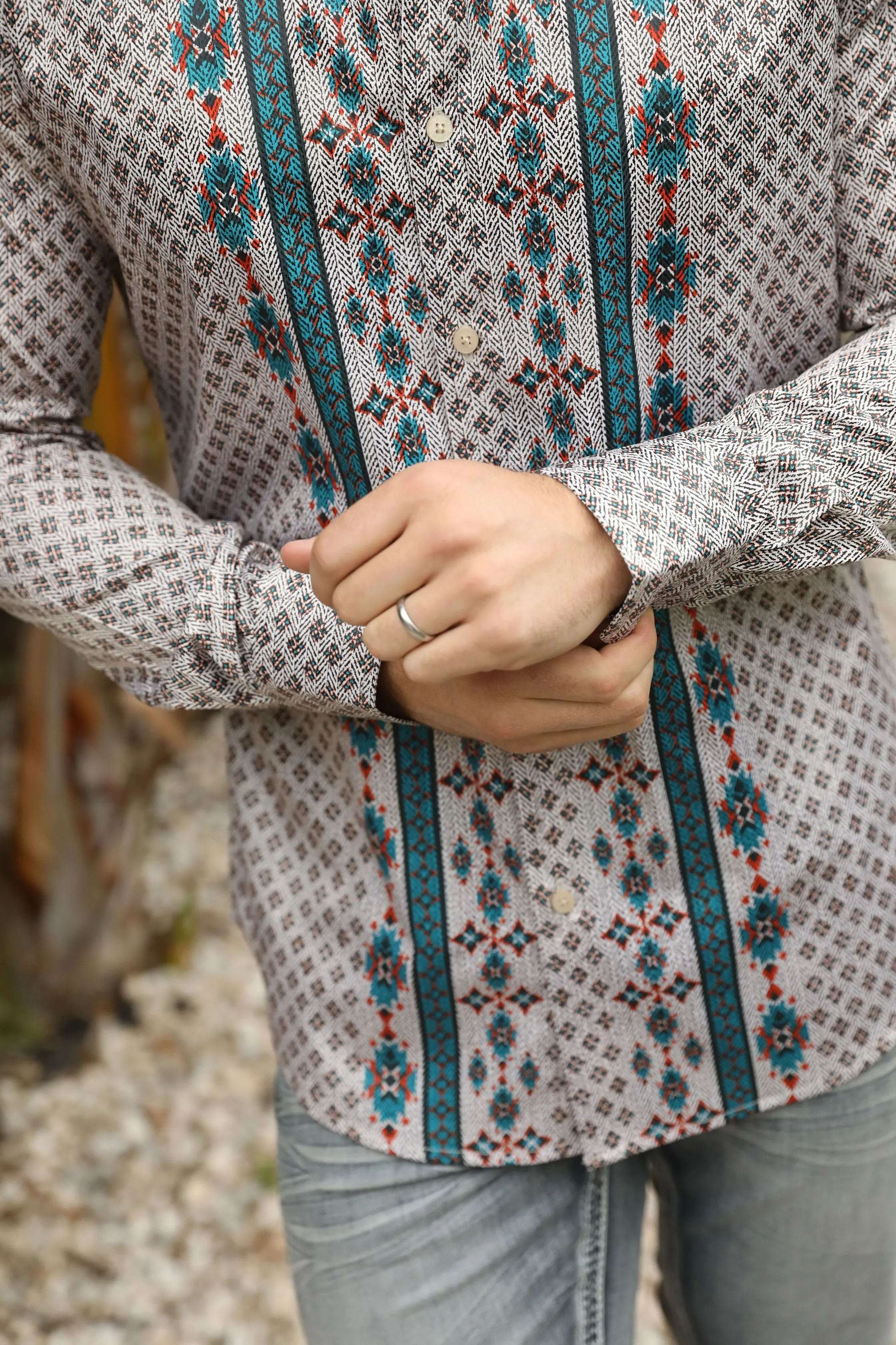 Mens Modern Fit Stretch Aztec Foiled Shirt - Beige