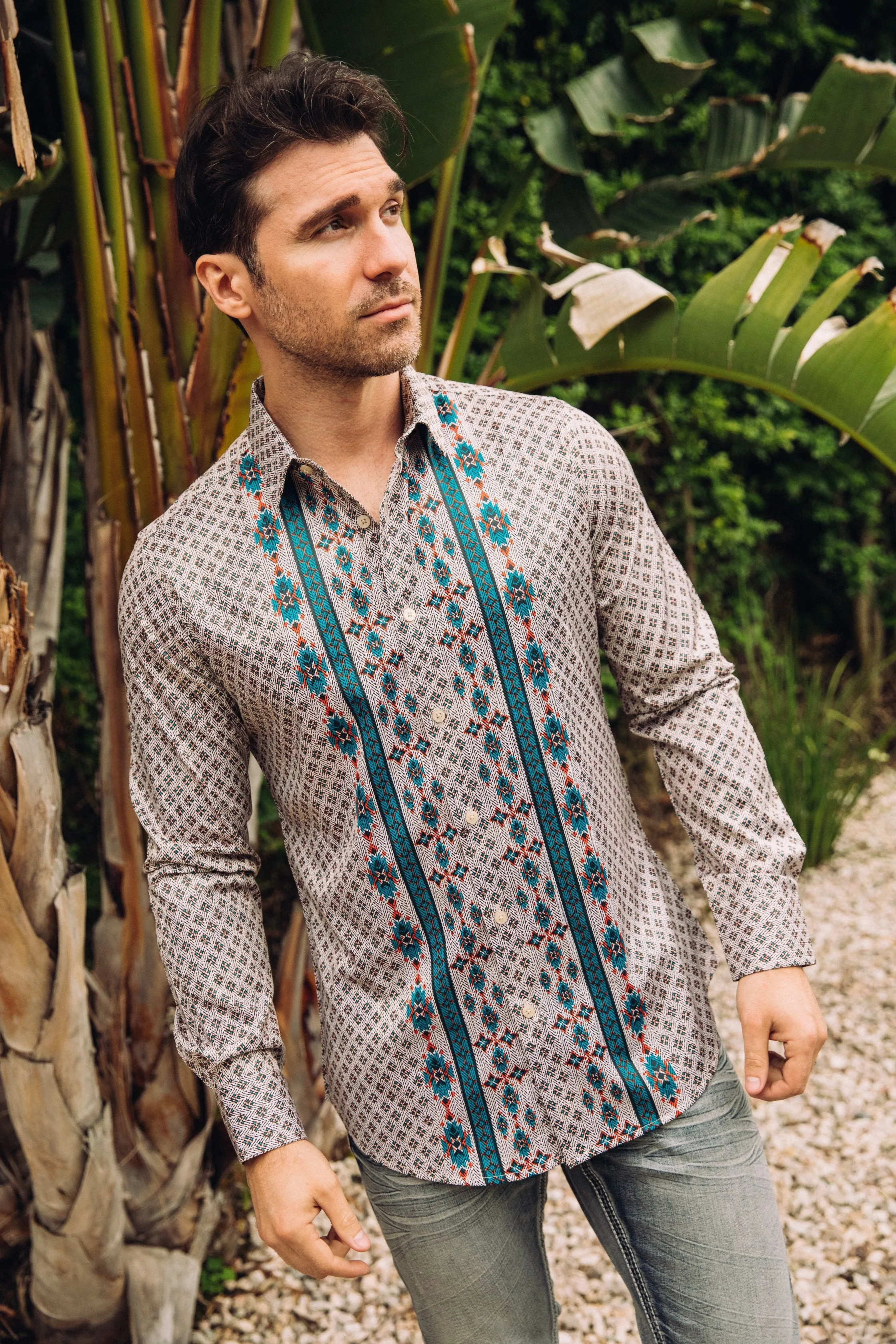 Mens Modern Fit Stretch Aztec Foiled Shirt - Beige