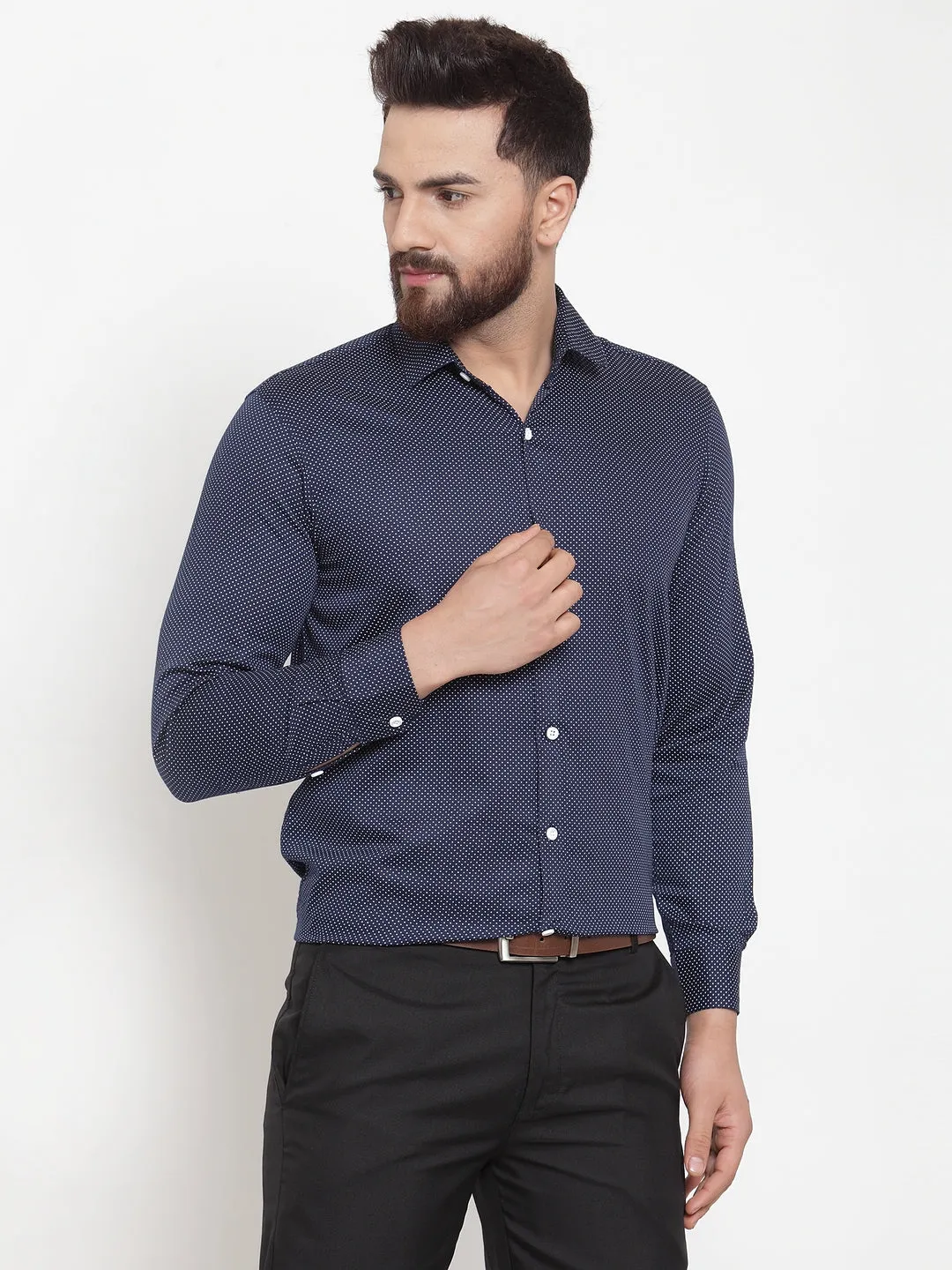 Men's Navy Cotton Polka Dots Formal Shirts ( SF 736Navy ) - Jainish