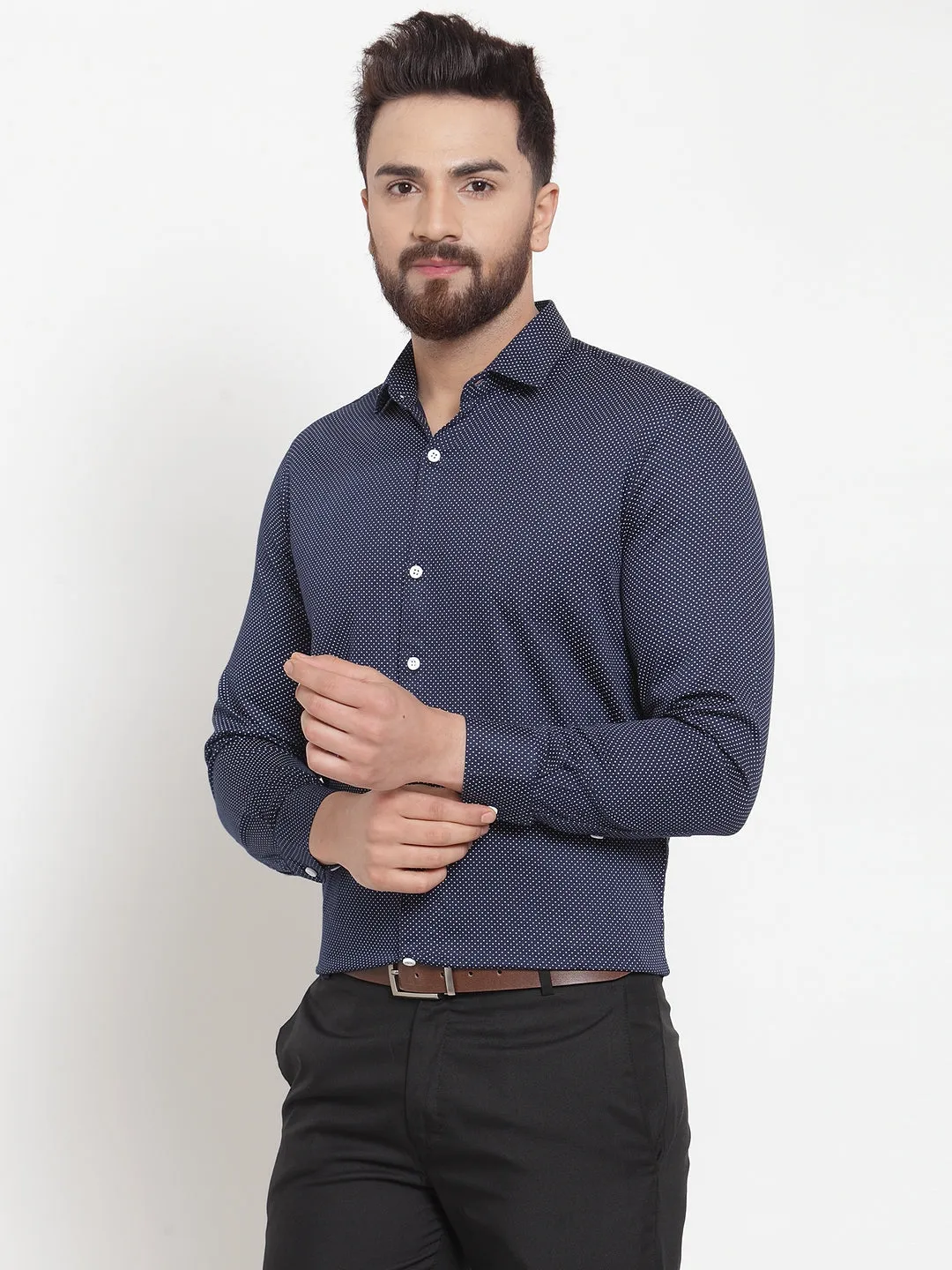 Men's Navy Cotton Polka Dots Formal Shirts ( SF 736Navy ) - Jainish