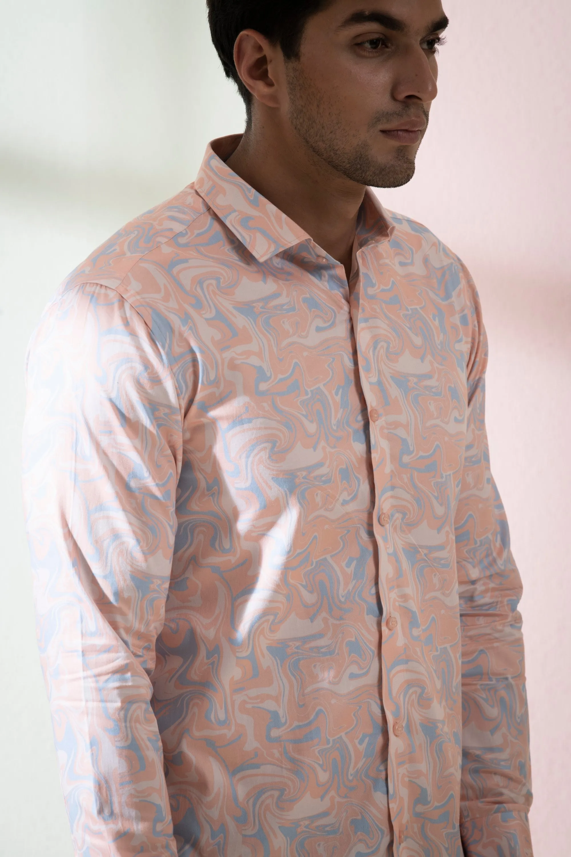 Men's Peach & Blue Color Scott Full Sleeves Shirt - Hilo Design