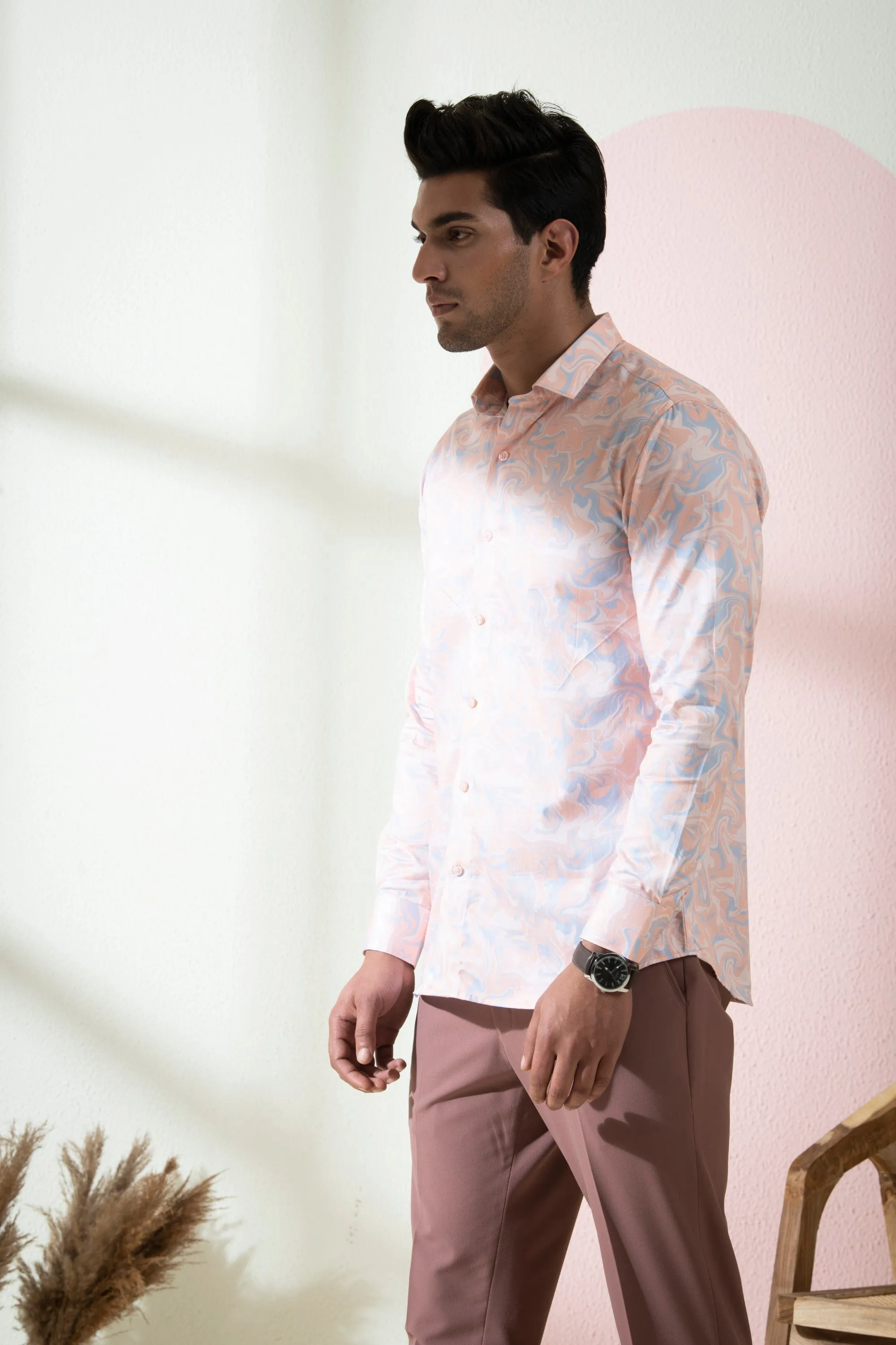 Men's Peach & Blue Color Scott Full Sleeves Shirt - Hilo Design