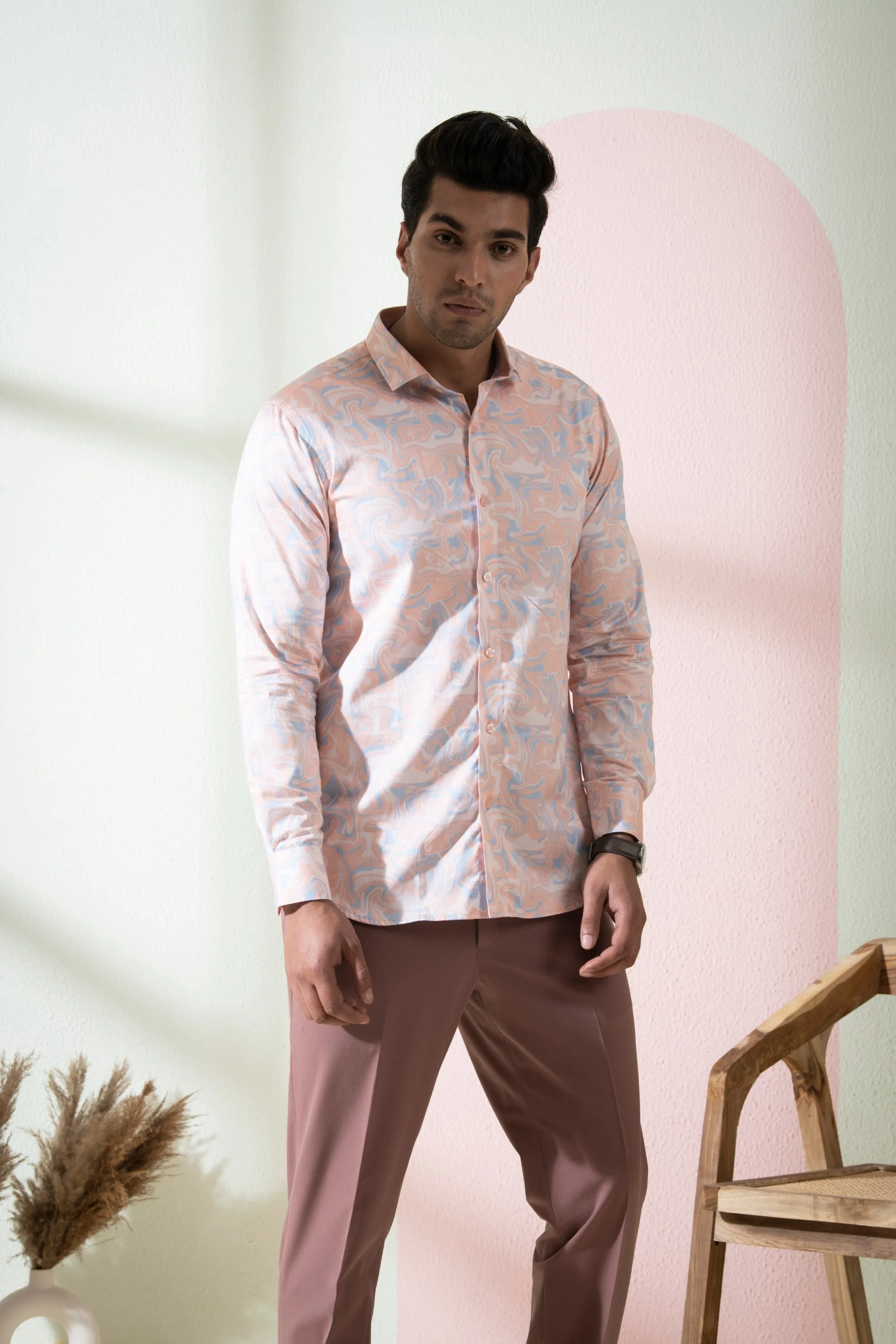 Men's Peach & Blue Color Scott Full Sleeves Shirt - Hilo Design