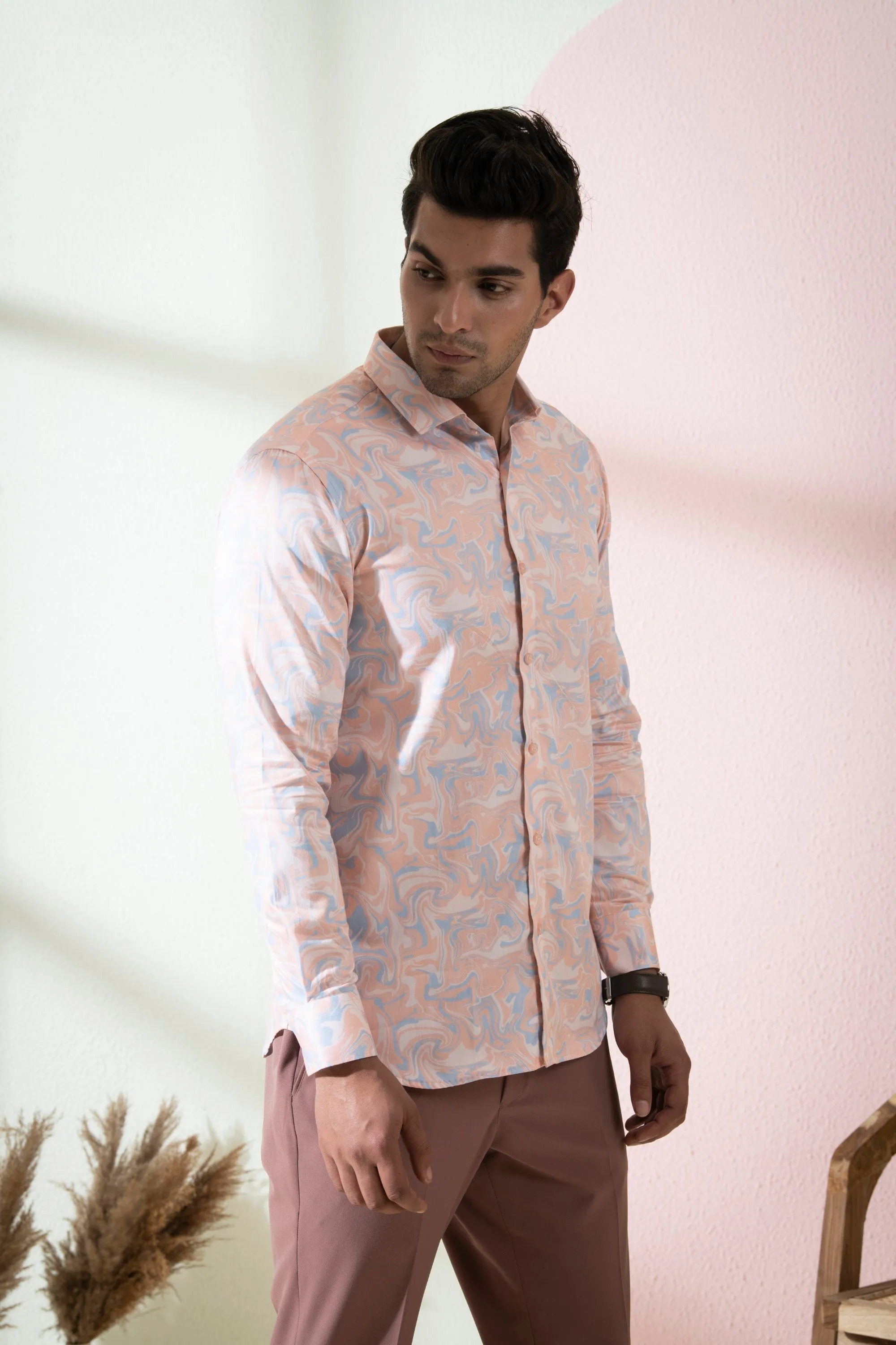 Men's Peach & Blue Color Scott Full Sleeves Shirt - Hilo Design