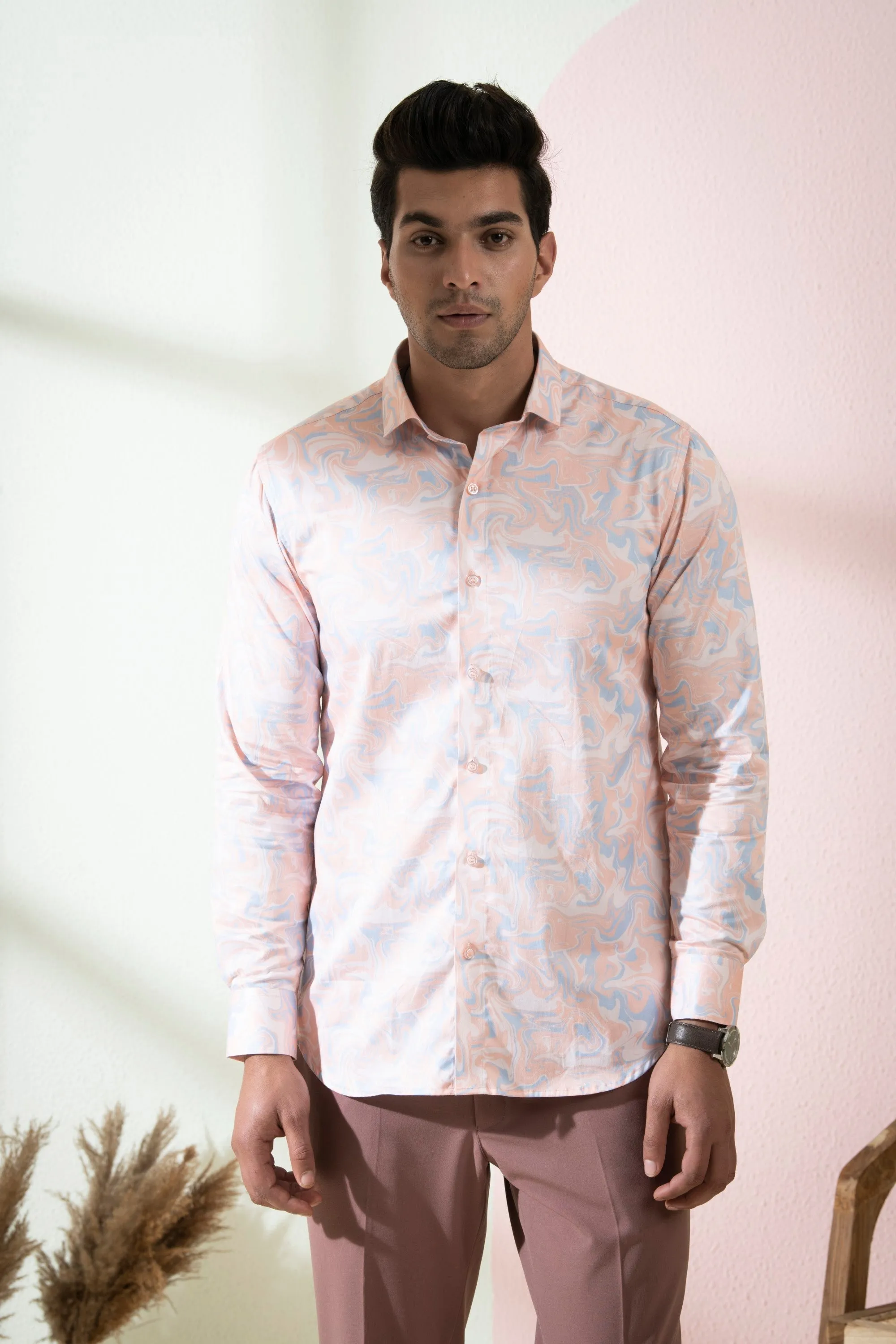 Men's Peach & Blue Color Scott Full Sleeves Shirt - Hilo Design