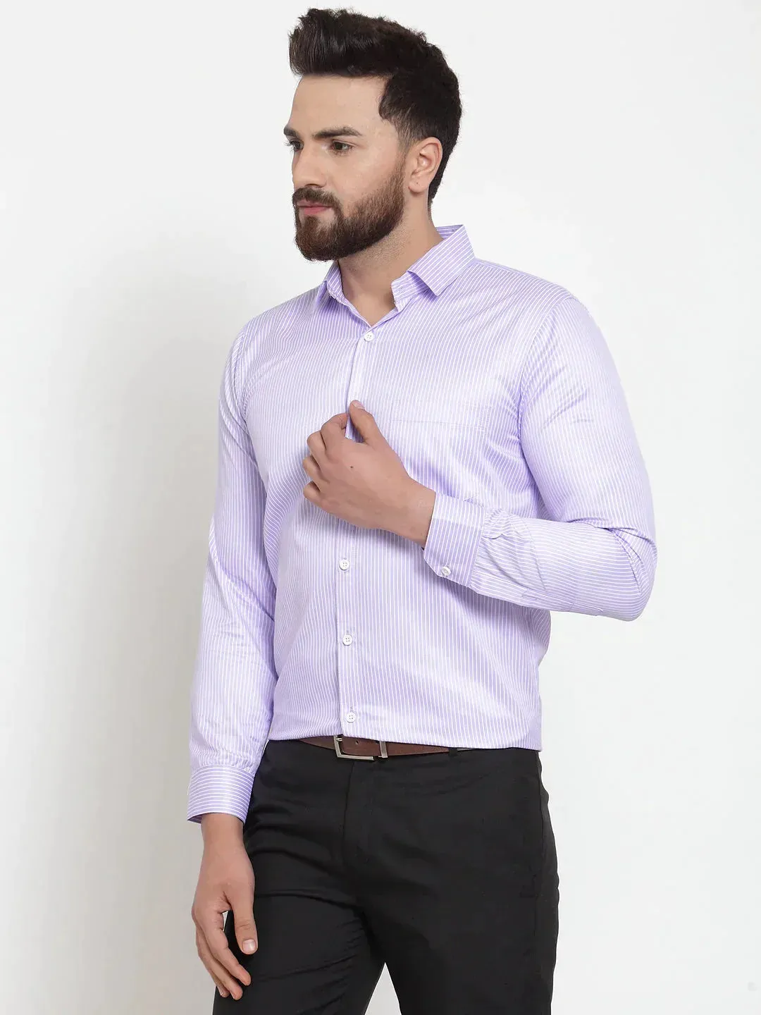 Men's Purple Cotton Stiped Formal Shirts - Taantav