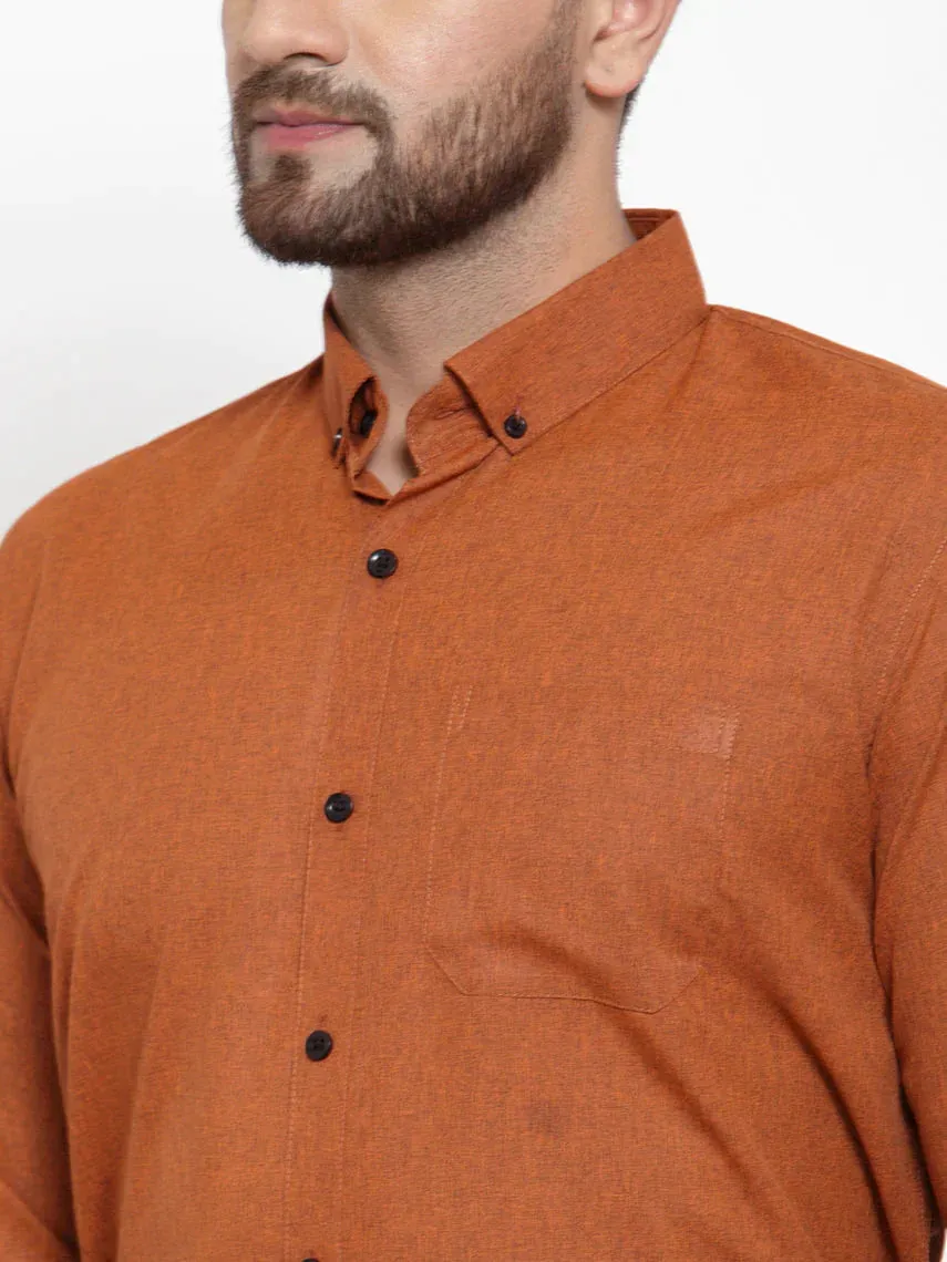 Men's Rust Cotton Solid Button Down Formal Shirts - Taantav