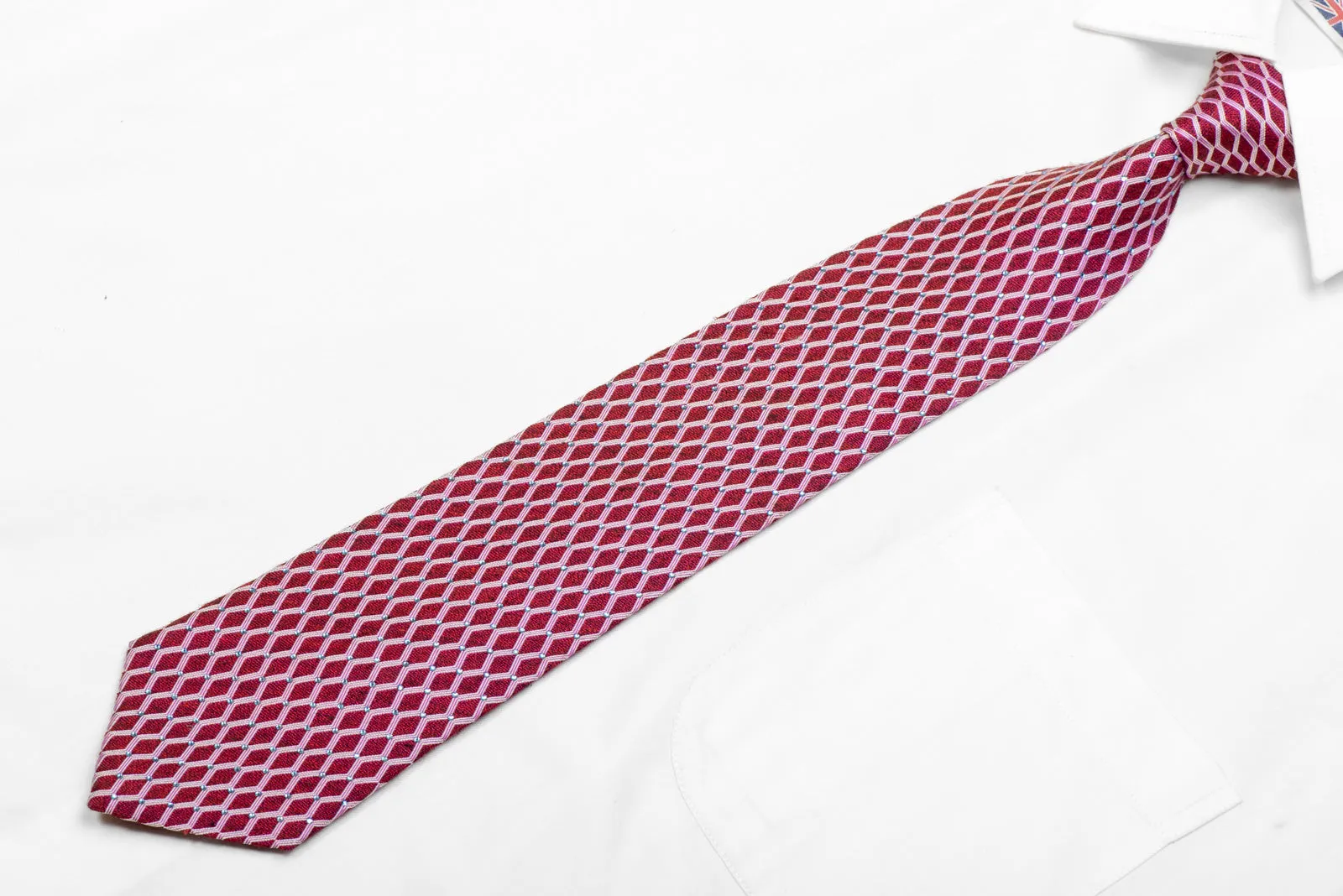 Men's Silk Necktie Silver Geometric On Burgundy With Blue Rhinestones