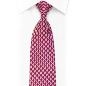 Men's Silk Necktie Silver Geometric On Burgundy With Blue Rhinestones