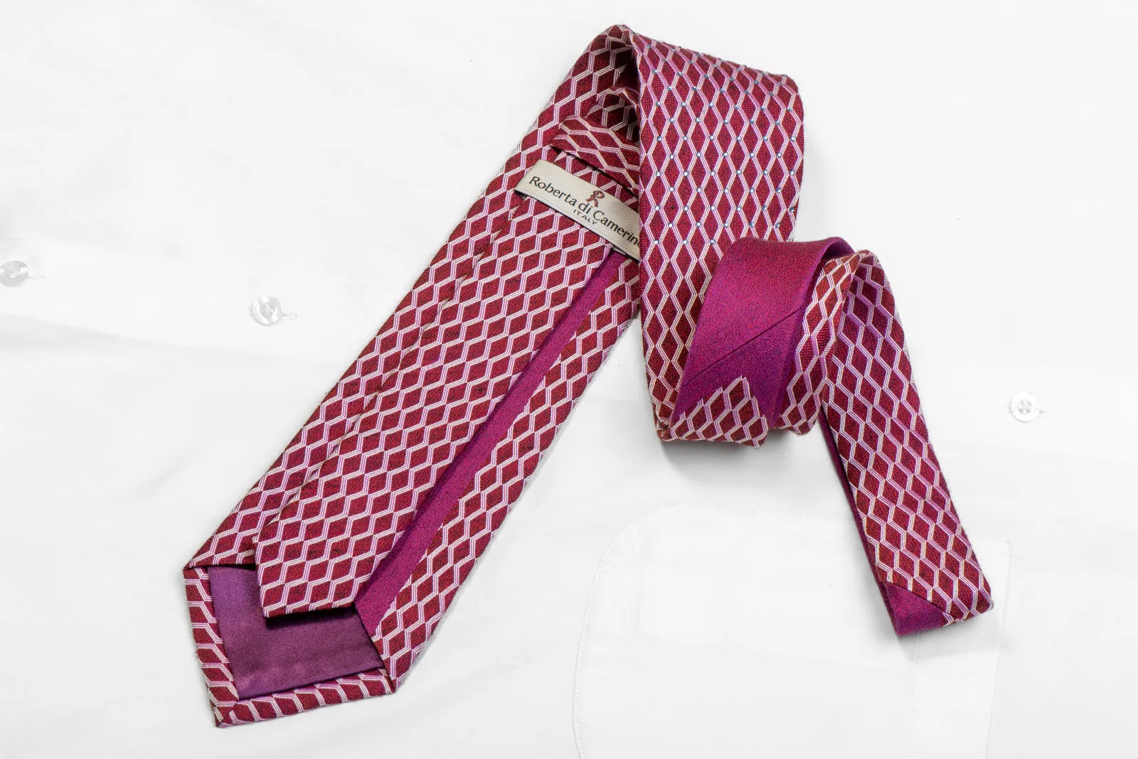 Men's Silk Necktie Silver Geometric On Burgundy With Blue Rhinestones