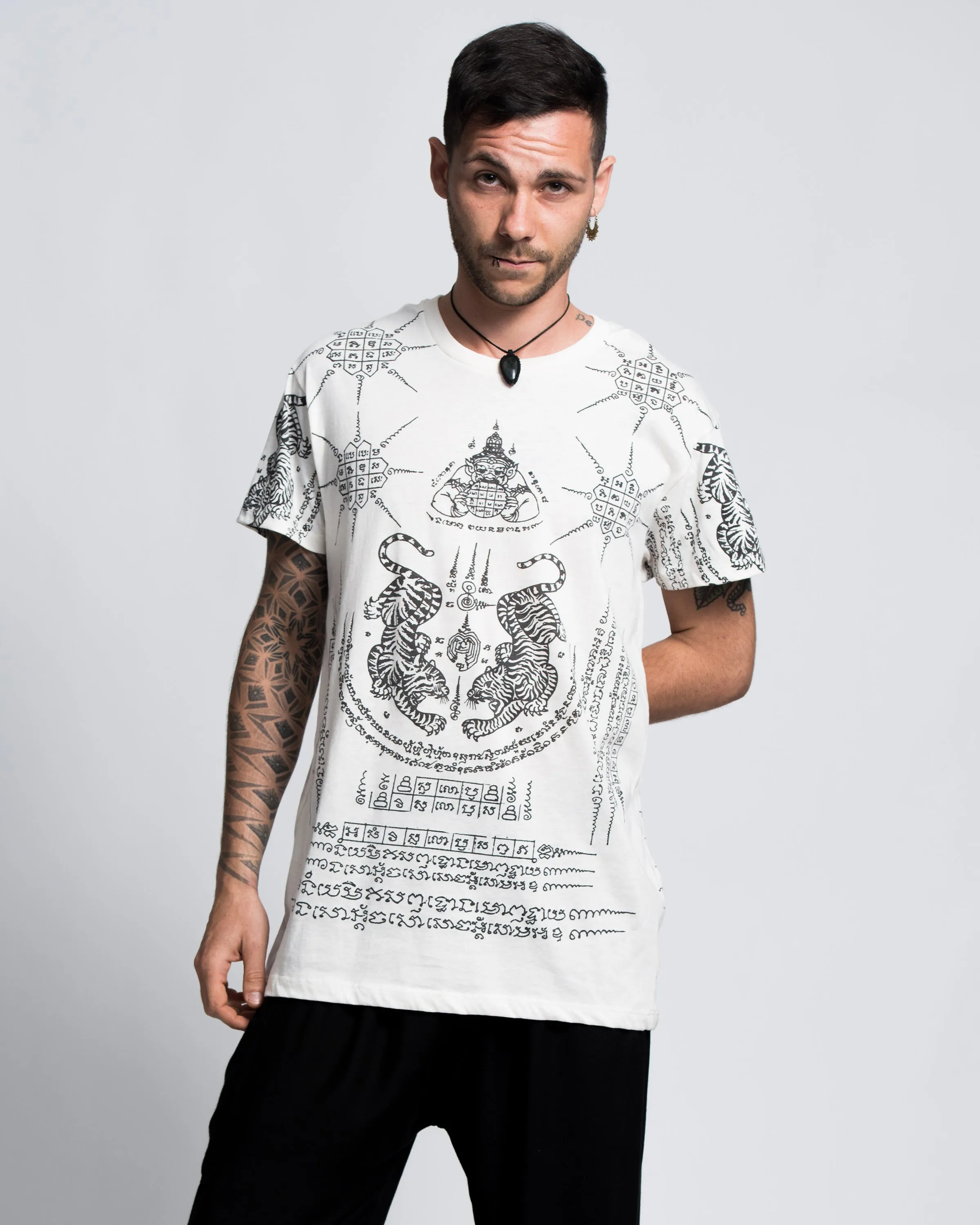 Mens Twin Tigers Tattoo T-Shirt in White