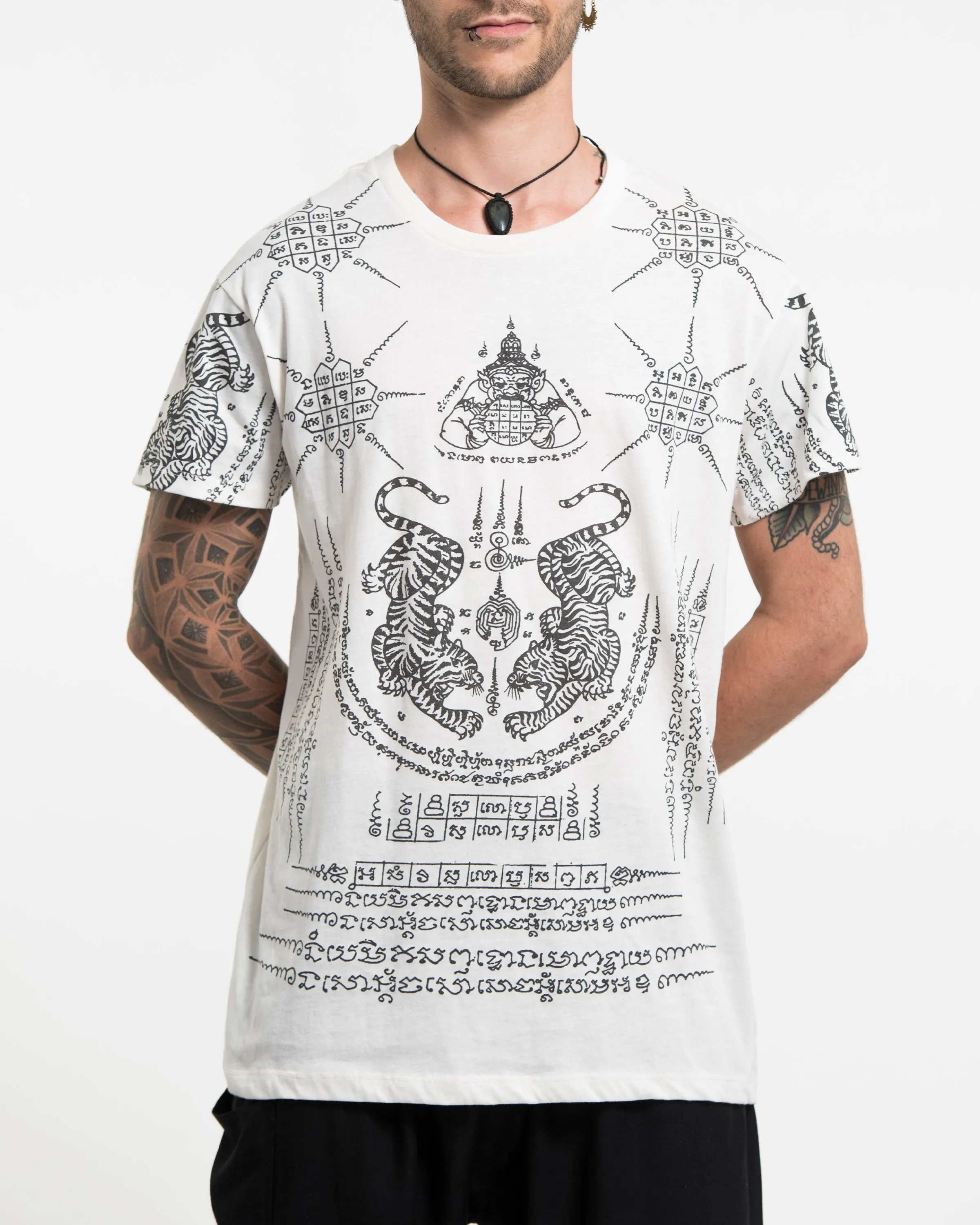 Mens Twin Tigers Tattoo T-Shirt in White