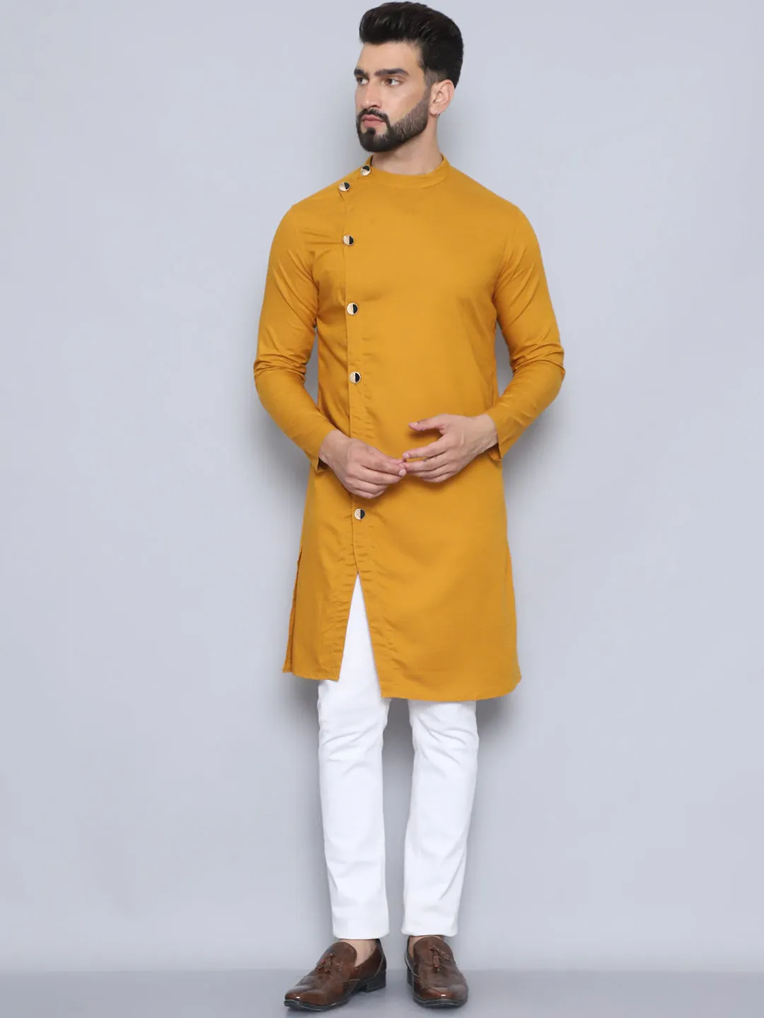 Men's Yellow Pure Cotton Sherwani Kurta - Even Apparels