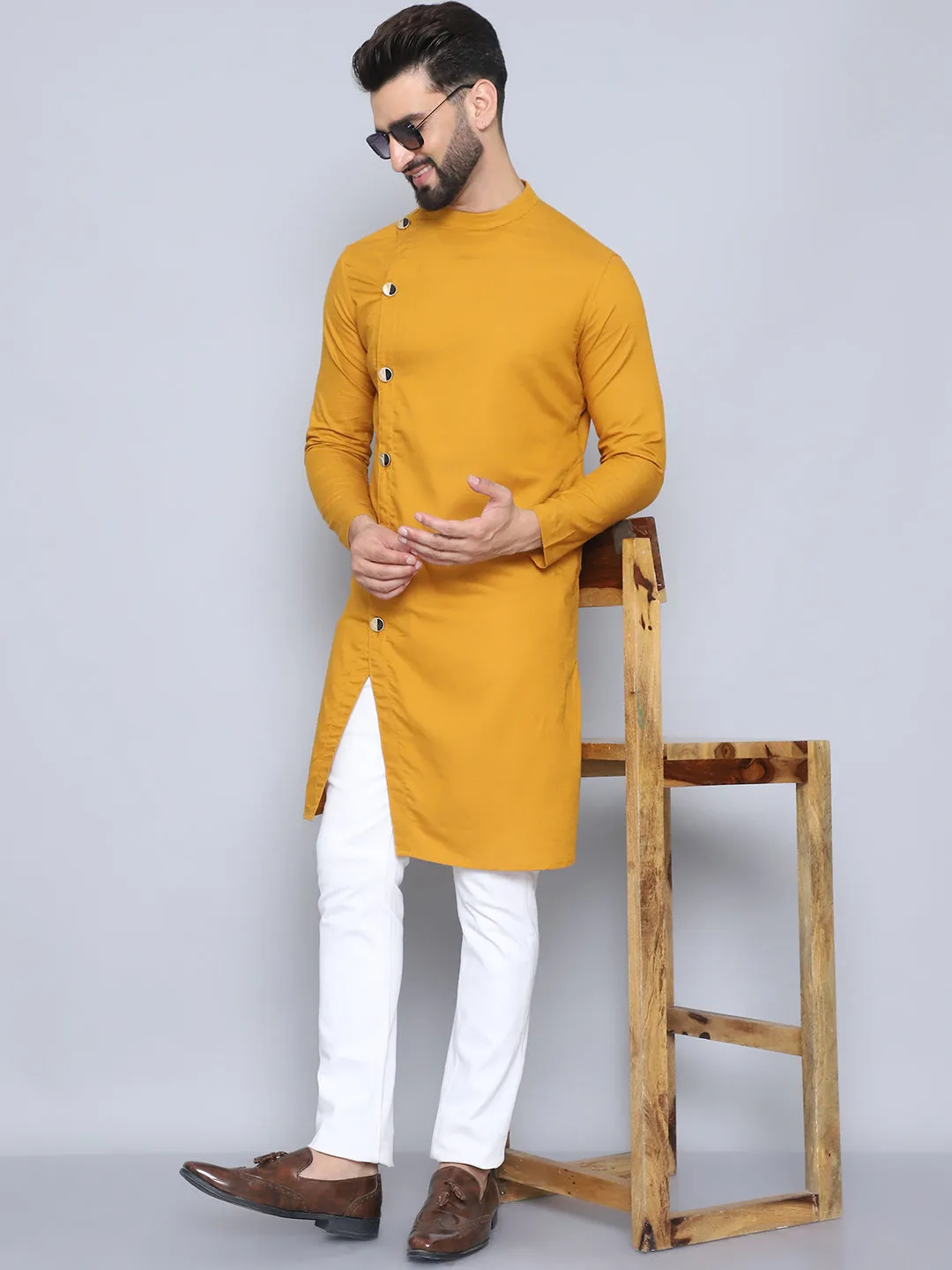 Men's Yellow Pure Cotton Sherwani Kurta - Even Apparels