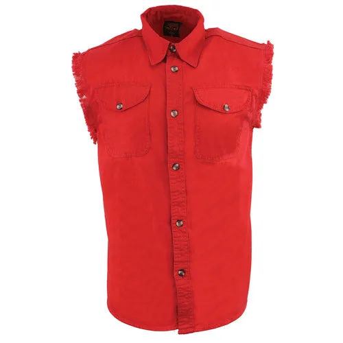 Milwaukee Leather DM4007 Men's Red Lightweight Denim Shirt with Frayed Cut Off Sleeveless