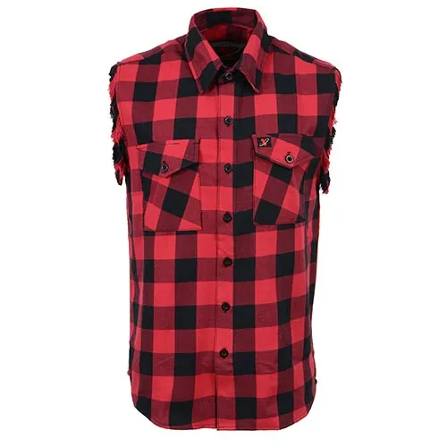 Milwaukee Leather MNG11692 Men’s Classic Black and Red Button-Down Flannel Cut Off Frayed Sleeveless Casual Shirt